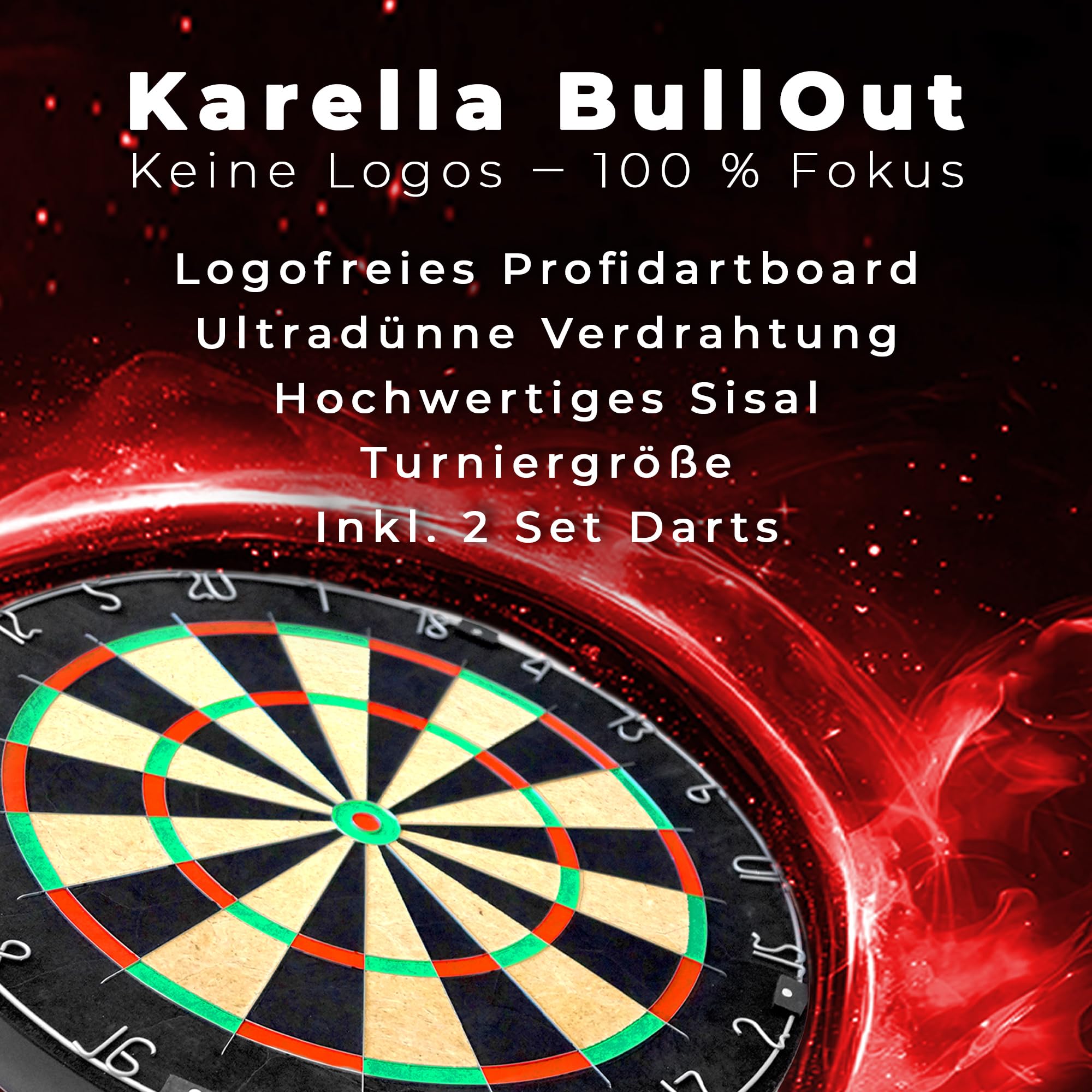 Karella Dartboard BullOut, Turnier Steeldartscheibe, klammerfreie und ultradünne Verdrahtung, bestes Profi-Sisal, drehbarer Zahlenring, ⌀ 45cm, auch als Set inkl. 2 Satz Darts 21g
