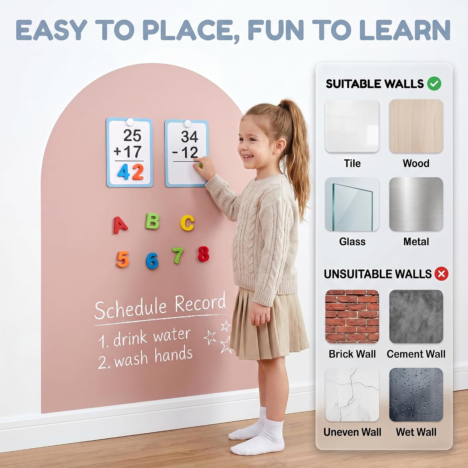 Magnetic Arch Wall Decal: Extra Large 31.5" × 39.4" Screen-Free Chalkboard - Multifunctional Playroom Decor & Homeschool Learning Corner for Toddlers 1-4 & Kids 5-10 (Flesh Pink)