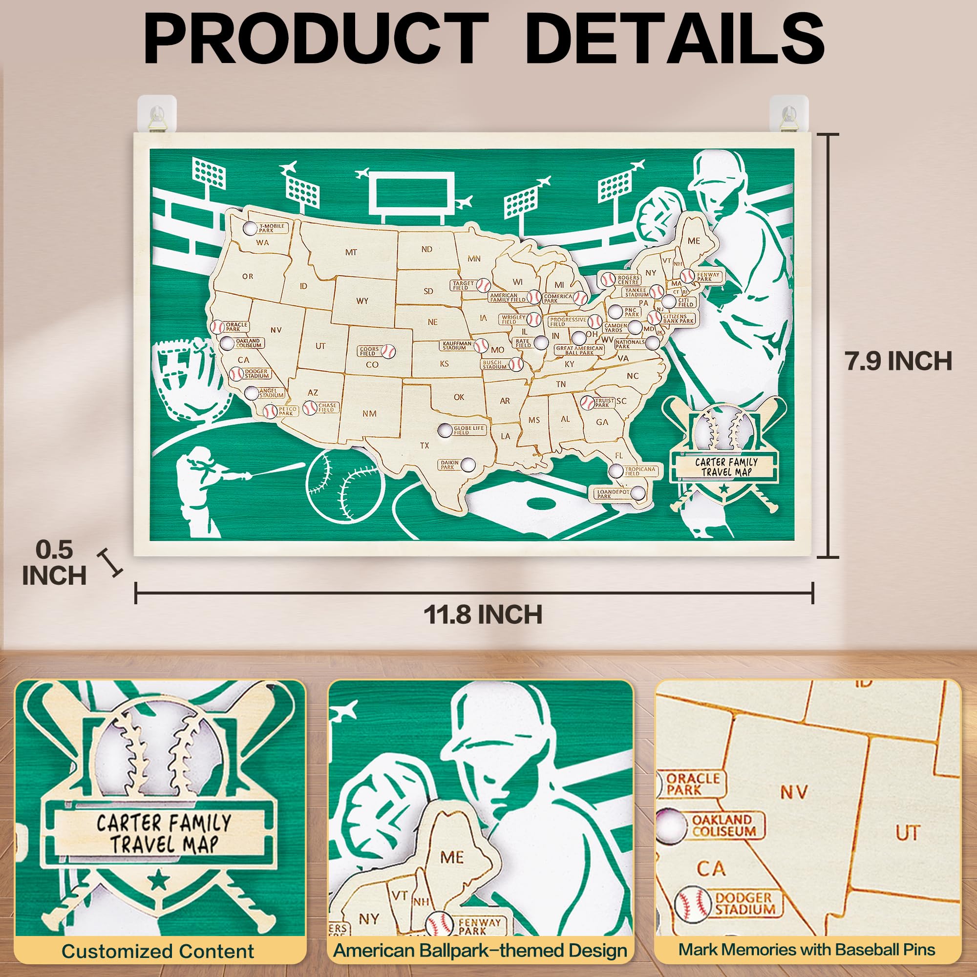 Mapa de estadio de béisbol, mapa de viaje de Estados Unidos con pines, decoración de béisbol, recuerdos deportivos, seguimiento de viajes de Estados Unidos, mapas de Estados Unidos para pared, regalo