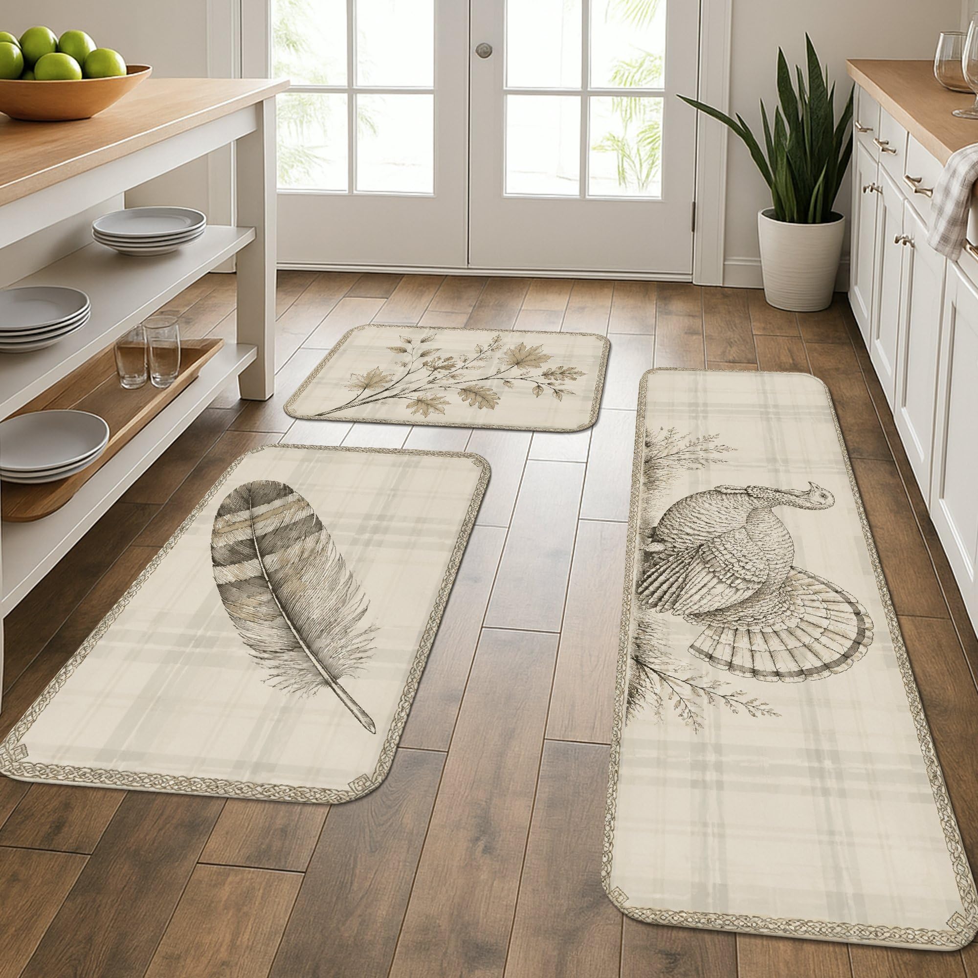 Tapis de cuisine lot de 3 lavables et doux style rustique beige