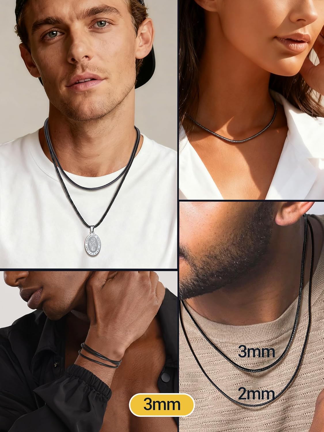 PROSTEEL Waterproof Leather Necklace Cord for Men, 2MM/3MM, 16”-30”, with Stainless Steel Clasp, DIY Chain for Pendant, Come with Box