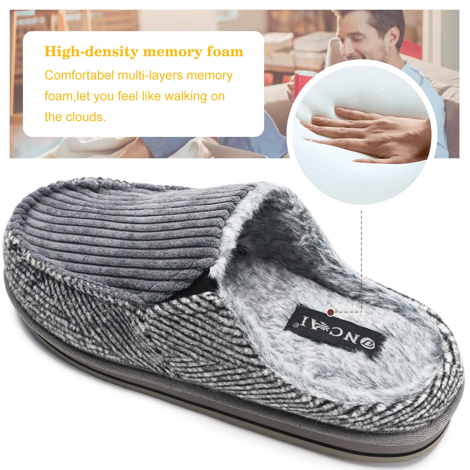 ONCAI Pantofole da Uomo in Comfort Pelo Cotone Strisce Ciabatte da Casa in Lana con Memory Foam Supporto Arco Suola in Gomma Taglia 40-50