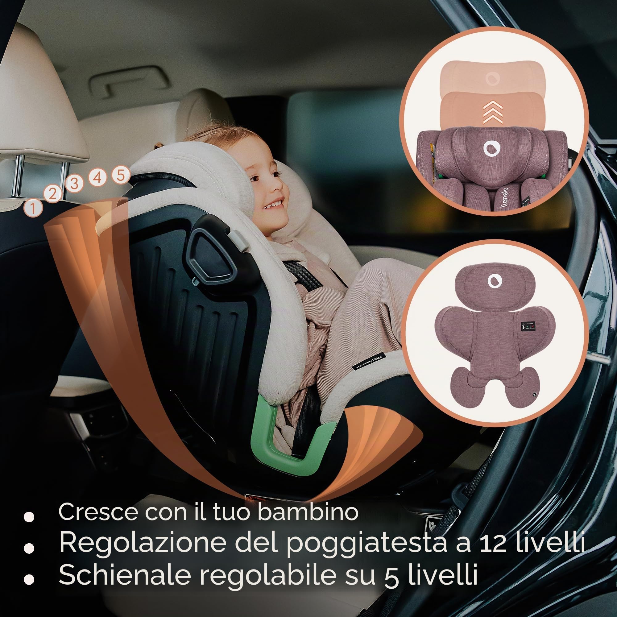 Lionelo Harmony i-Size Seggiolino Auto Girevole 360° per Bambini 0-12 Anni (40-150 cm) con ISOFIX e Gamba di Supporto Fronte e retro marcia, 5-liveli Reclinabile Protezione Laterale