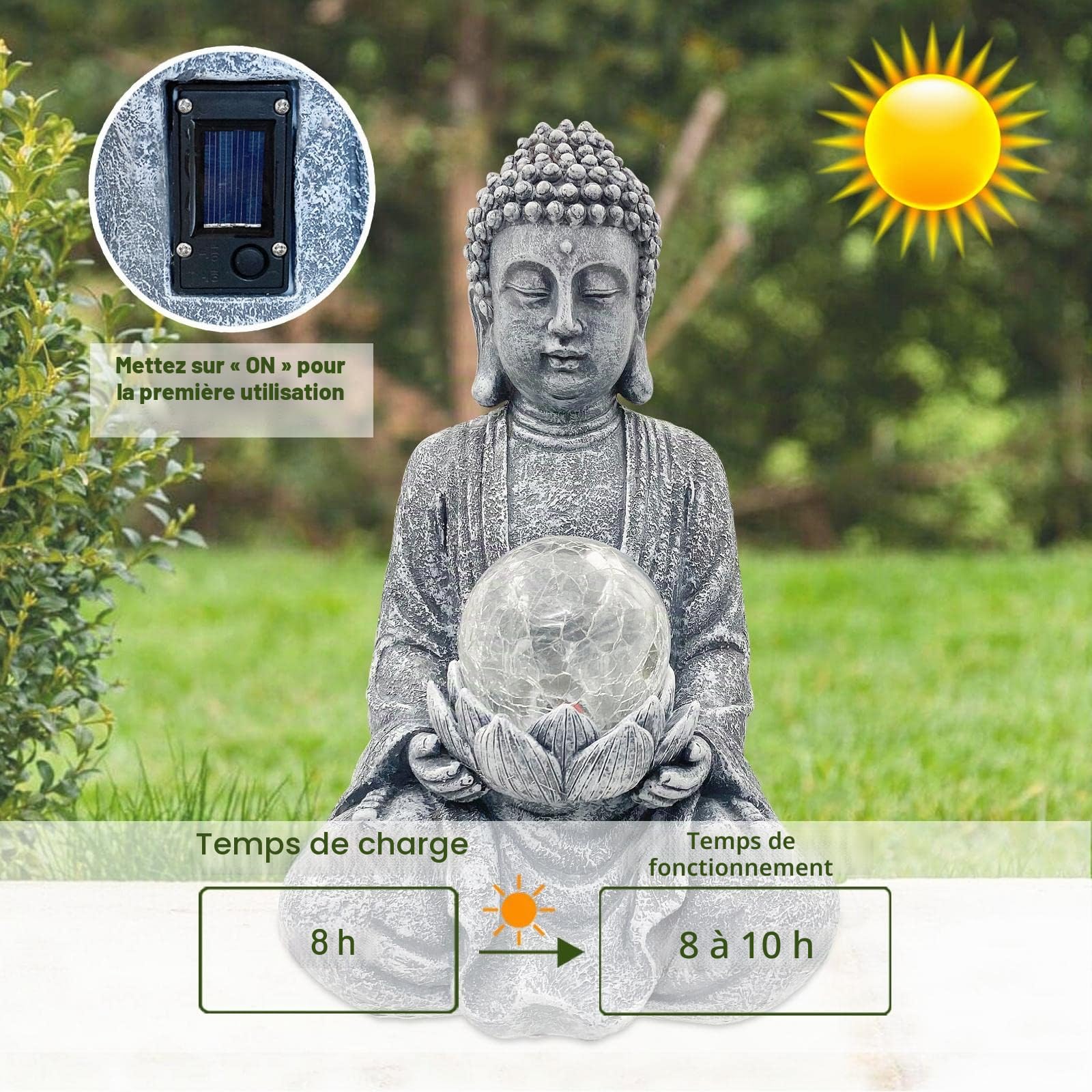 Yeomoo Statue Bouddha Zen avec Globe Solaire Décoration Jardin 26.5cm Gris