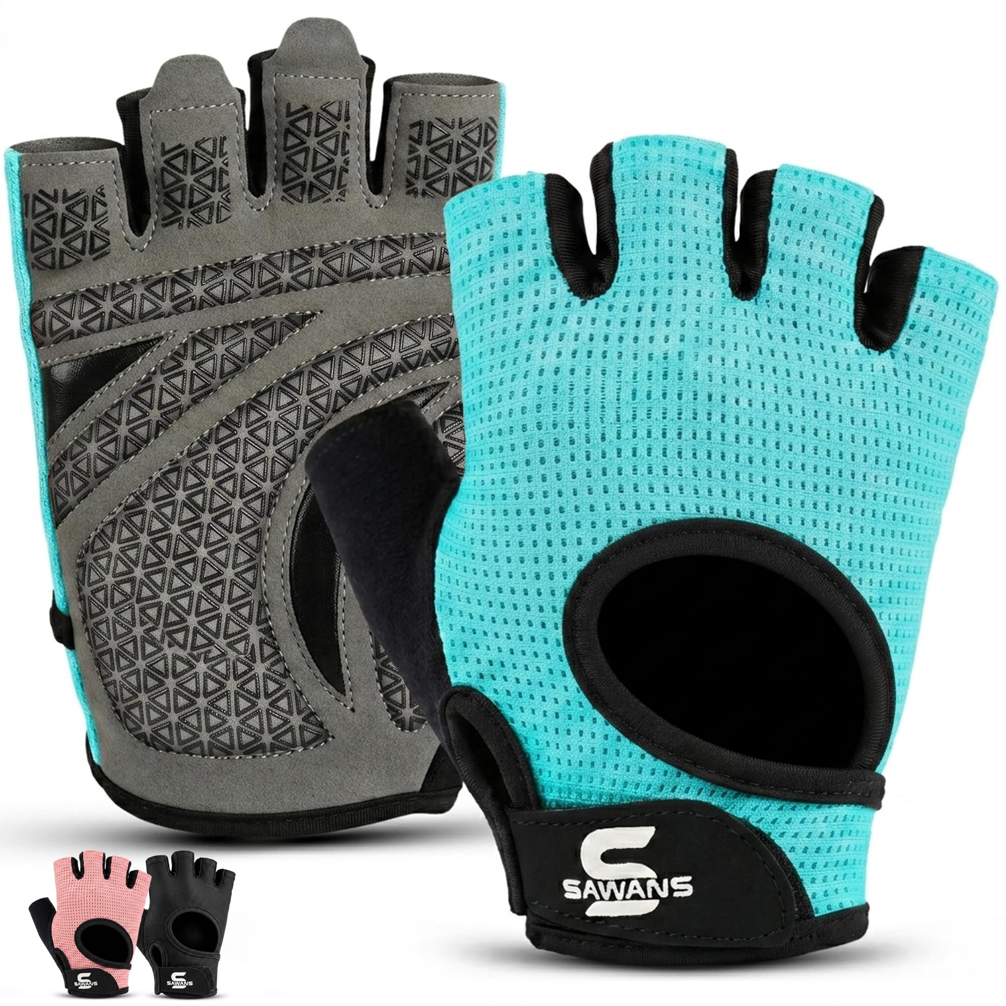 SAWANS Gym Gloves for Men & Women, Breathable Weight Lifting Gloves with Padded Grip & Wrist Support, Fingerless Workout Gloves for Weightlifting, Running, Training, Crossfit & Cycling