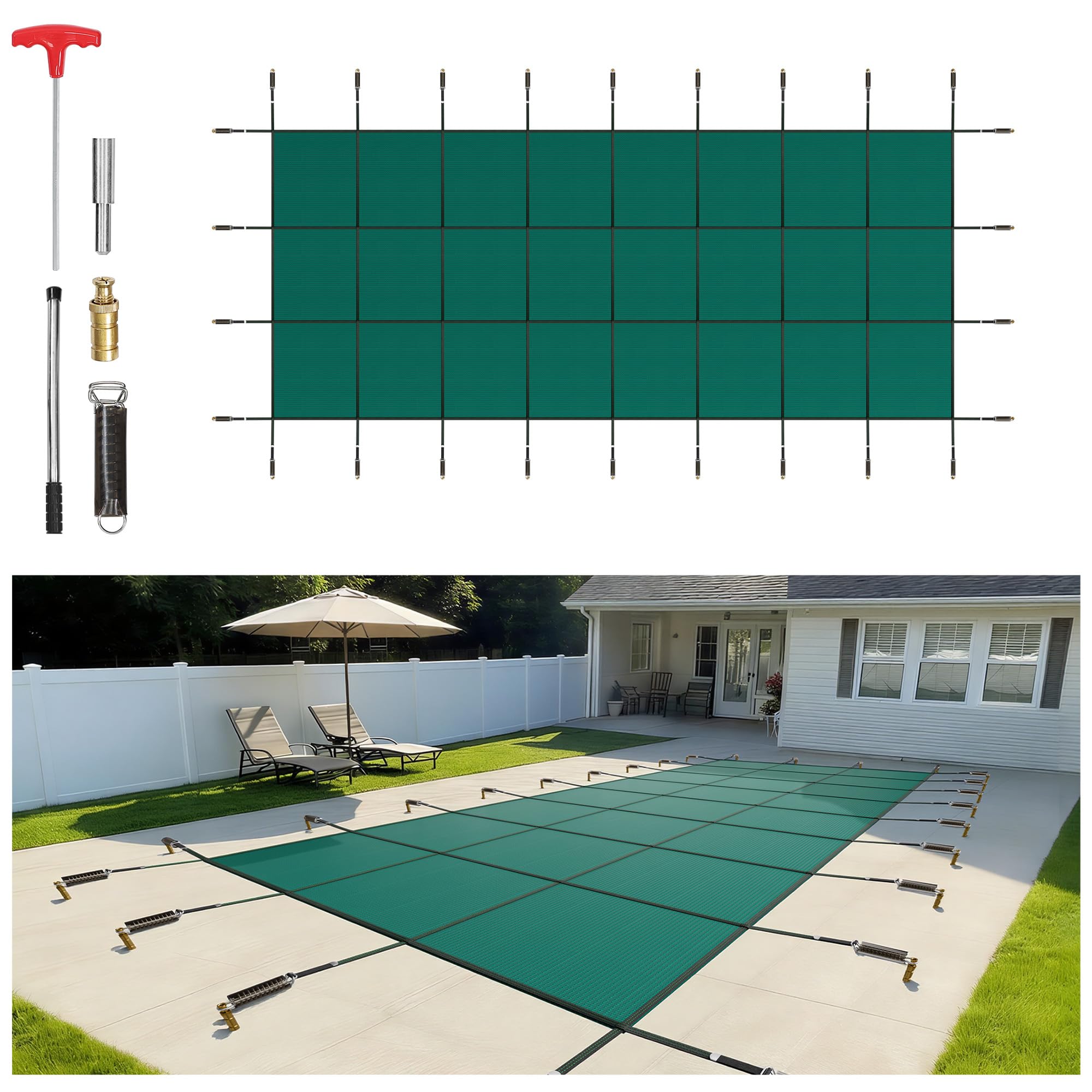 VEVOR Couverture de sécurité pour Piscine 4,9 x 12,2 m, Couverture de Piscine enterrée adaptée au matériau PP, Couverture de sécurité rectangulaire pour Piscine enterrée Verte, Couverture de sécurité