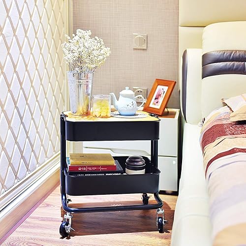 Miniatura 7 de Mesa auxiliar de almacenamiento de metal de 2 niveles con tablero de cubierta para oficina, hogar, cocina, organización, color negro