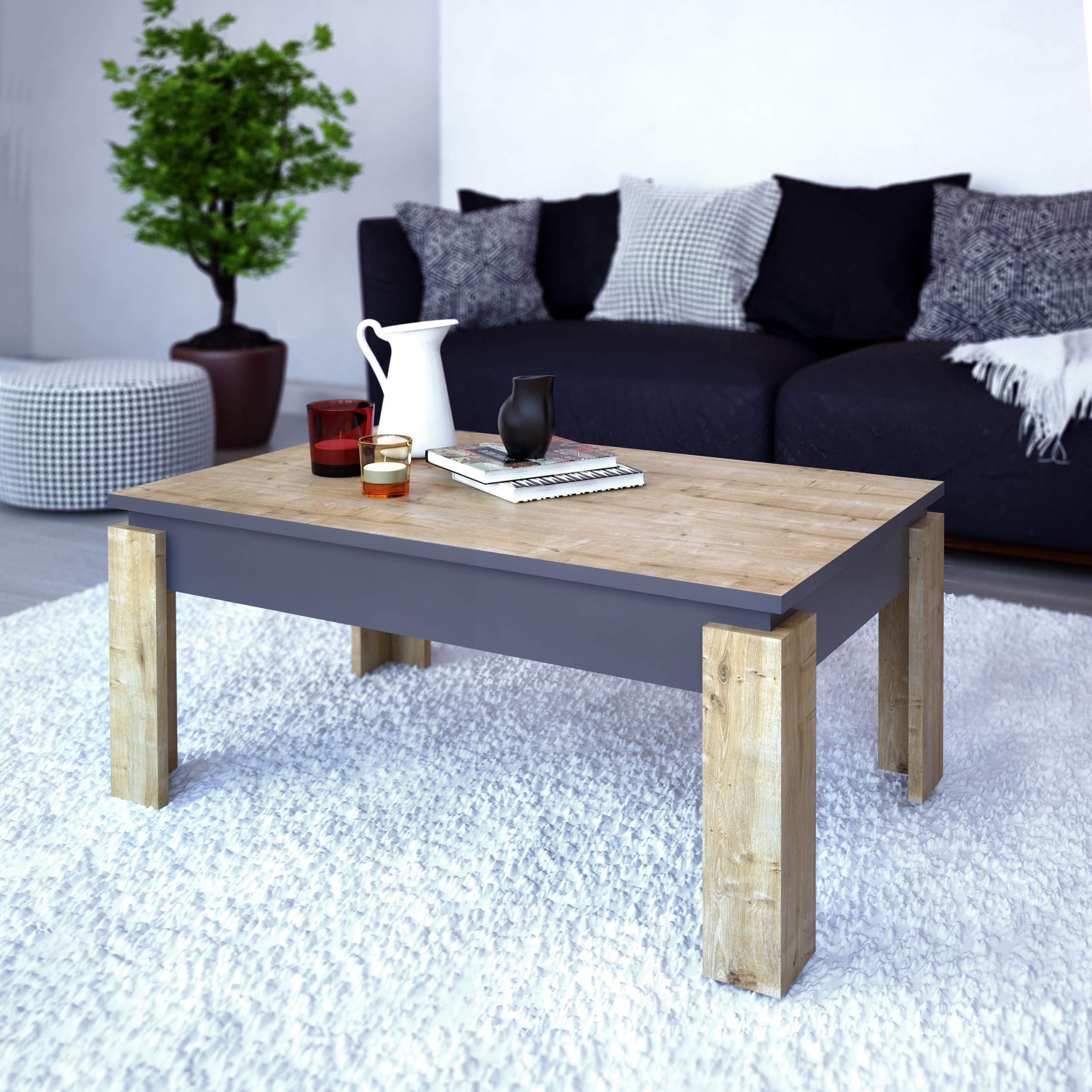 DECOROTIKA Manhattan 90 cm Modern Accent Living Room Coffee Table, Cocktail Table (Sapphire Oak & Dark Grey)