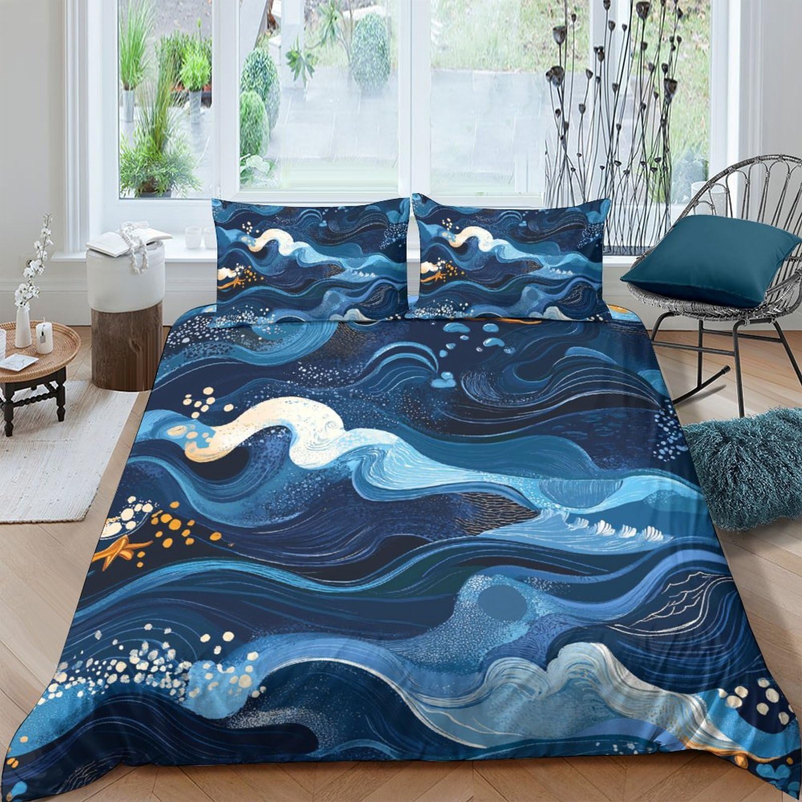 Ctjqhvkz Style-1 3D Printed Ocean Wave Fitted Sheet Microfiber Soft Blue Abstract Sea Mattress Cover Bedroom Decor Single（135X200cm）