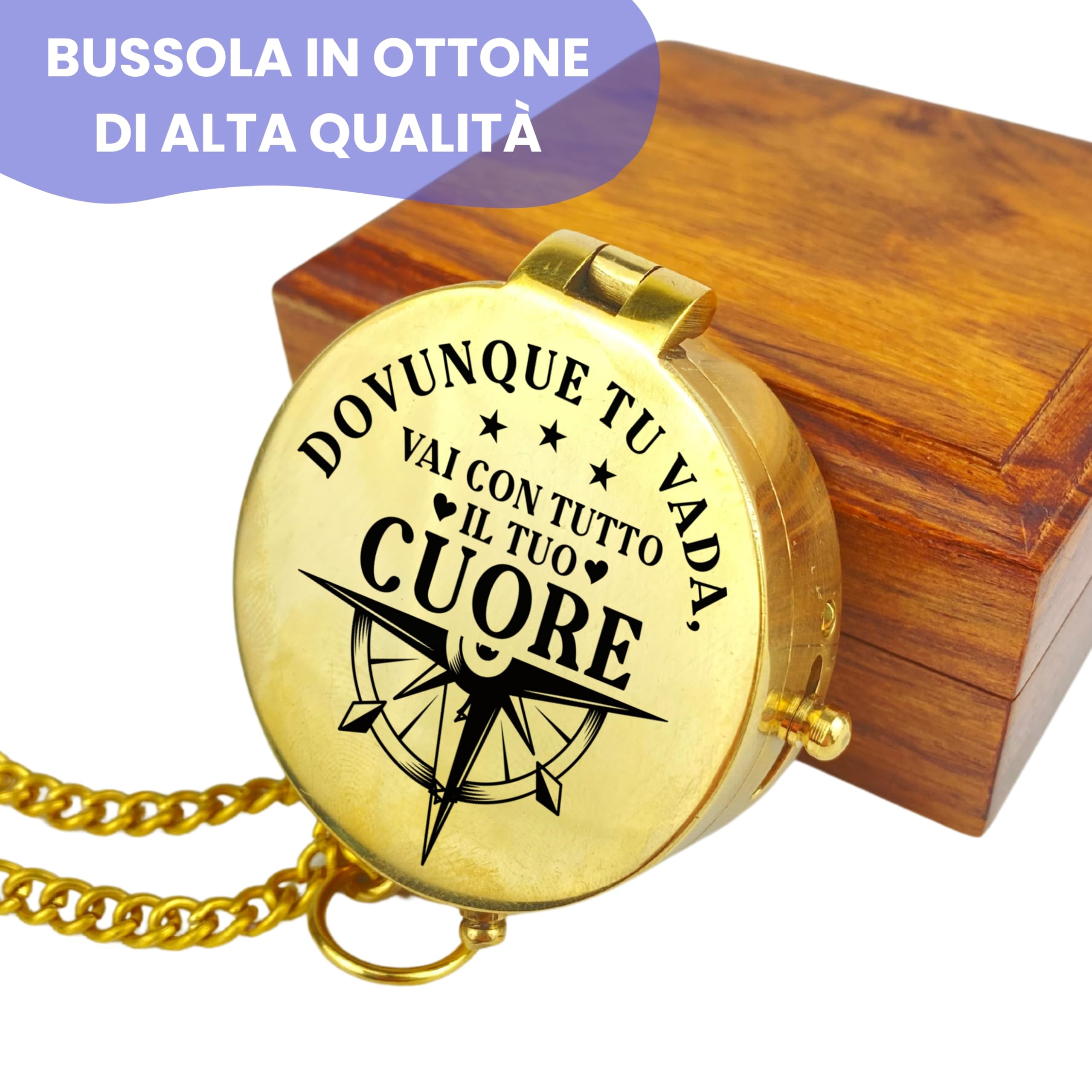 Bussola personalizzata in ottone e pelle con incisione motivo marittimo, regalo