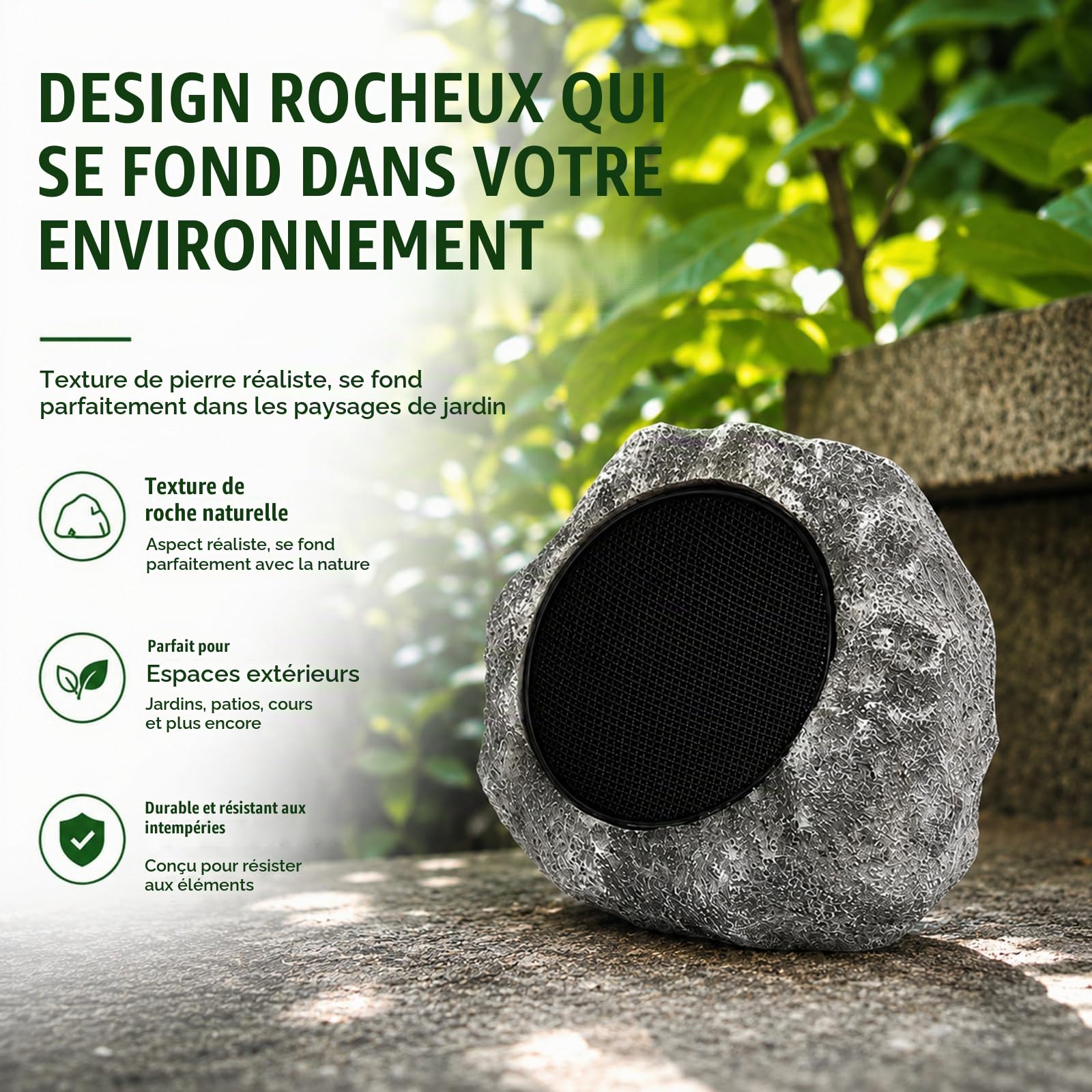 Enceintes Bluetooth étanches énergie Solaire extérieur, Gris | Rechargeable solaire et USB, Design pierre réaliste, Audio basses profondes, Pour jardin, terrasse, cour, pelouse