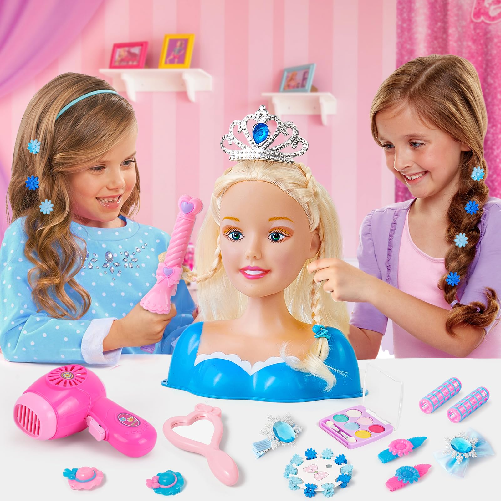 52Pcs Juego de Peluquería para Niñas Juguete Muñeca para Peinar de Cabeza Peluquería Accesorios, Make-Up and Hairdressing Juguetes de Maquillaje, Regalos de Cumpleaños para Niñas de 3, 4, 5 y 6 Años