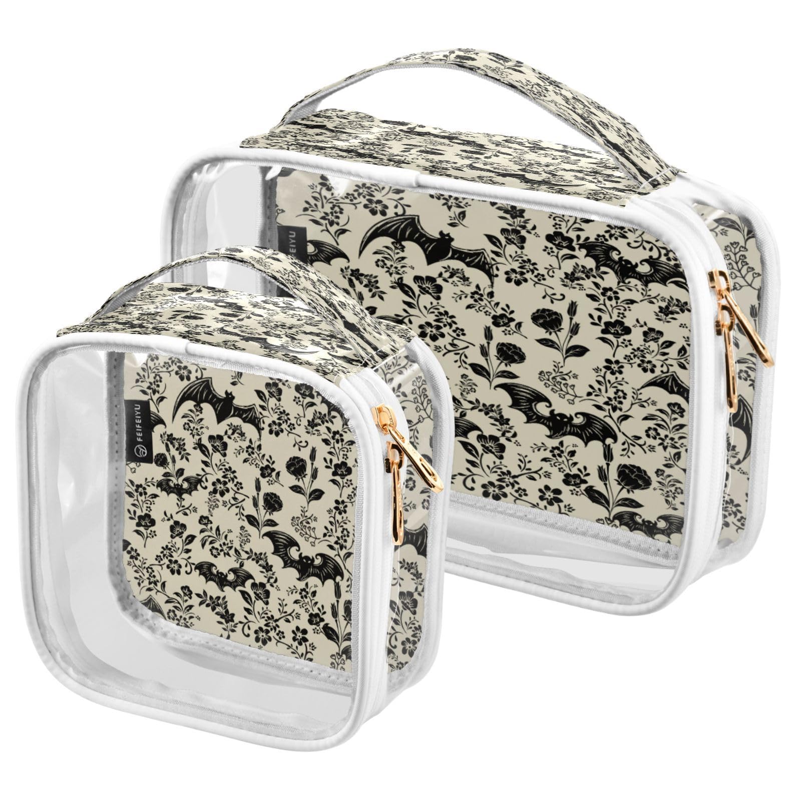 ZOEO 2 Pack Clear Makeup Bag, Bat Retro Flower Car Pouches For Organization Waterproof Travel Toiletry Bags For Women Girl