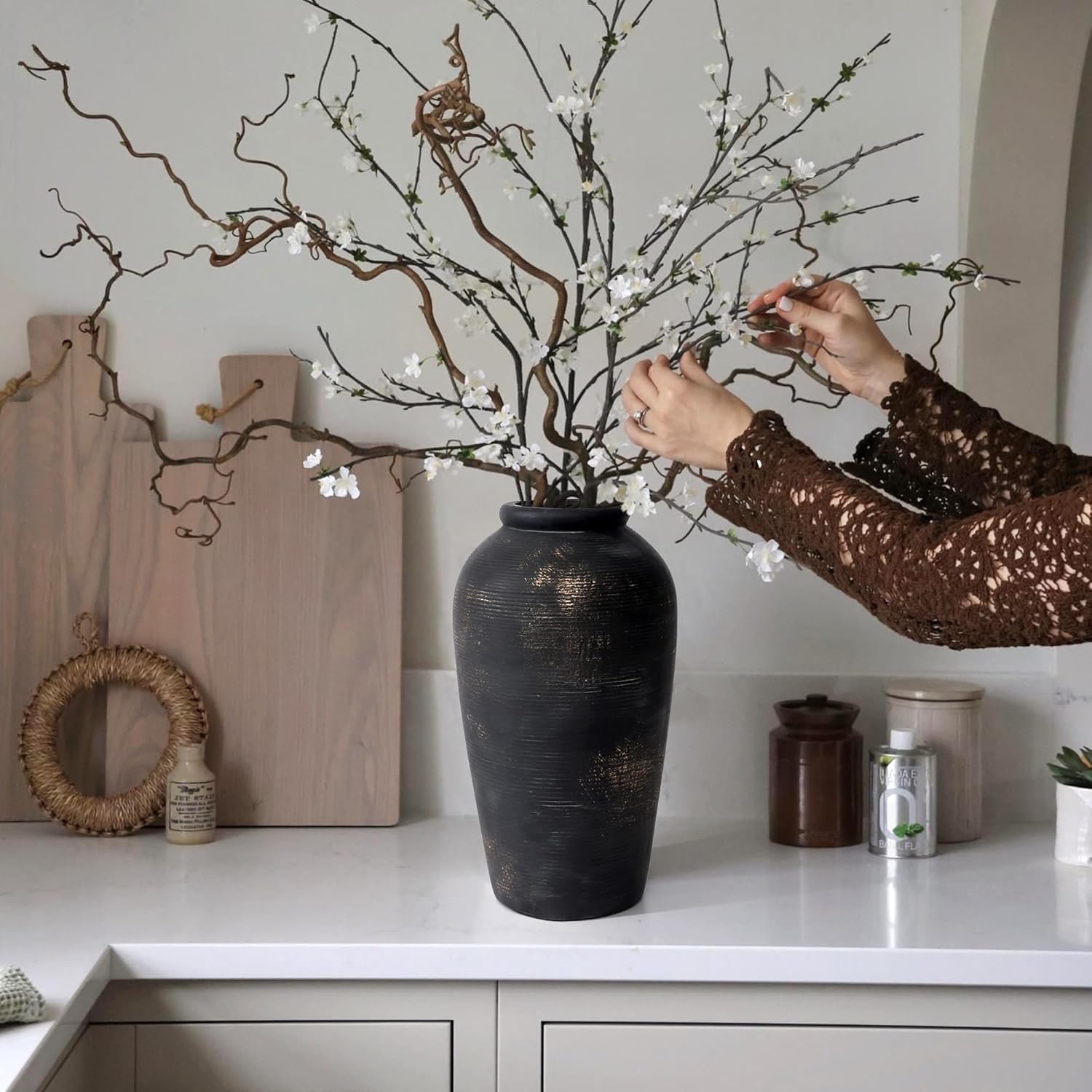 Large Ceramic Rustic Vase 11 Inch Elegant Wedding Farmhouse Dining Table Decor Textured Ceramic Vase for Indoor Outdoor Living Room Accent