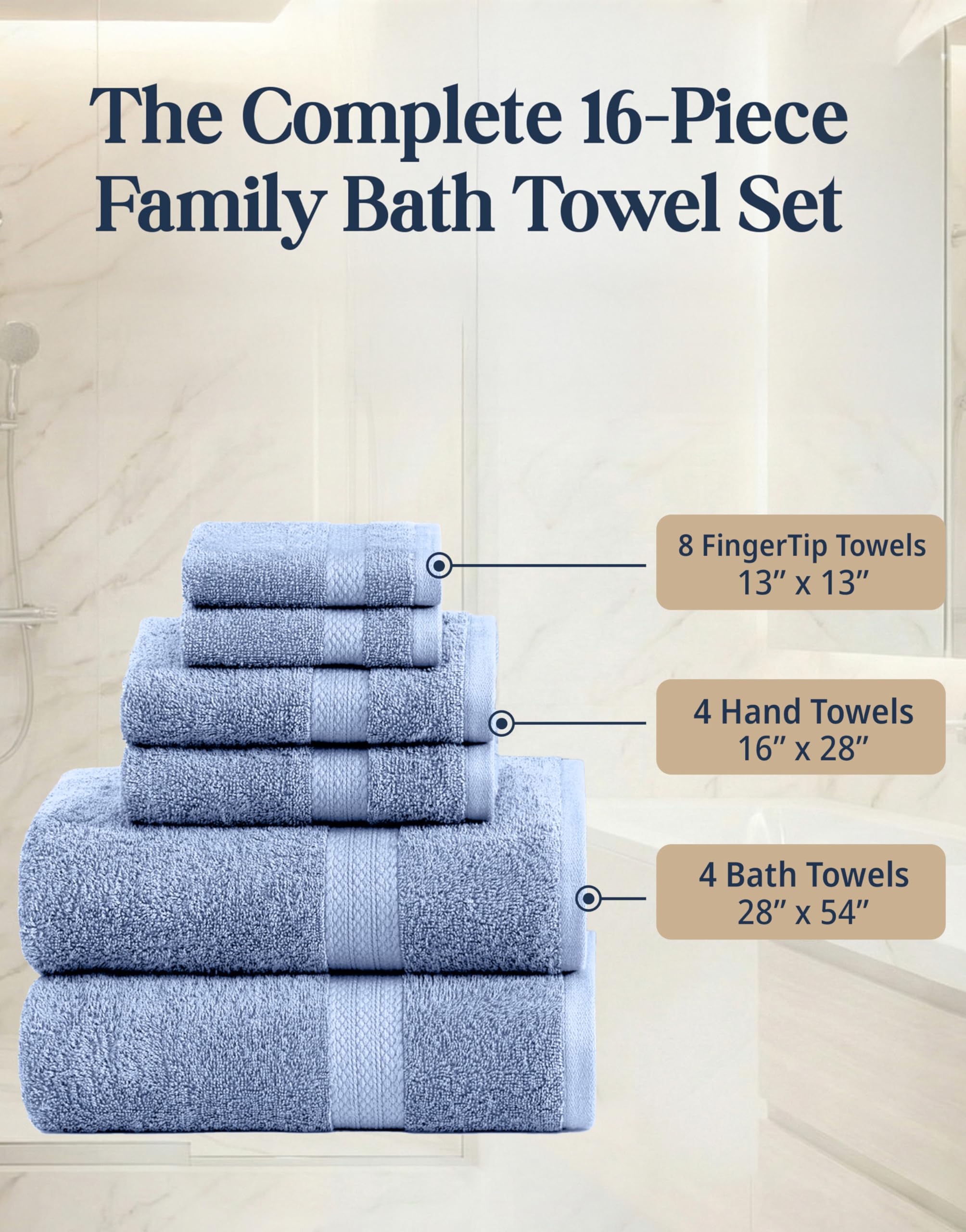Allure - Toallas de baño de 16 piezas, 100% algodón, toallas de hotel de alta calidad, juego de toallas de baño altamente absorbentes, súper suaves, 4 toallas de baño, 4 toallas de mano y 8 paños de