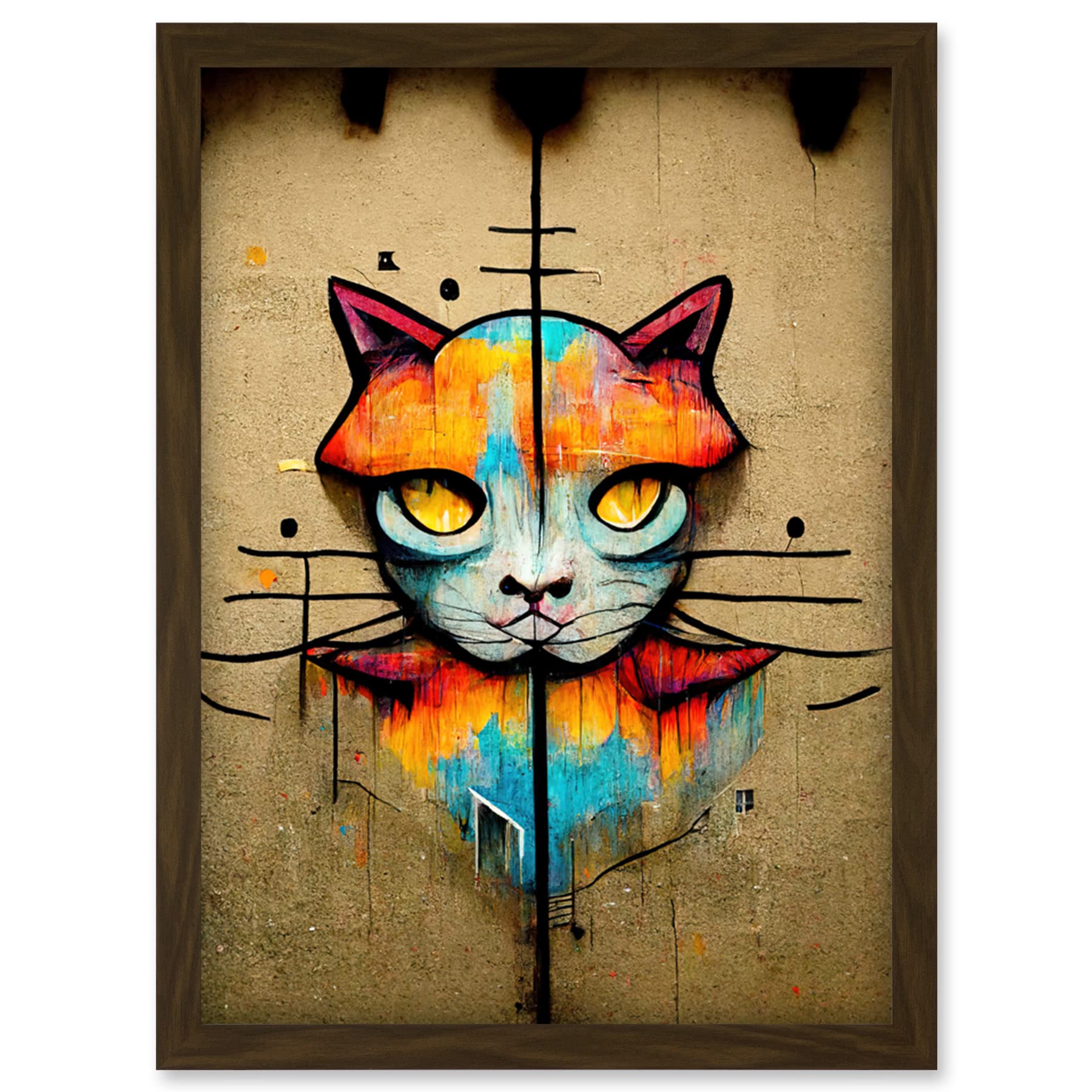 Graffiti Cat Artwork Framed Wall Art Print - Vibrant Symmetrical Street Art Mural - Artery8 - A4 Size