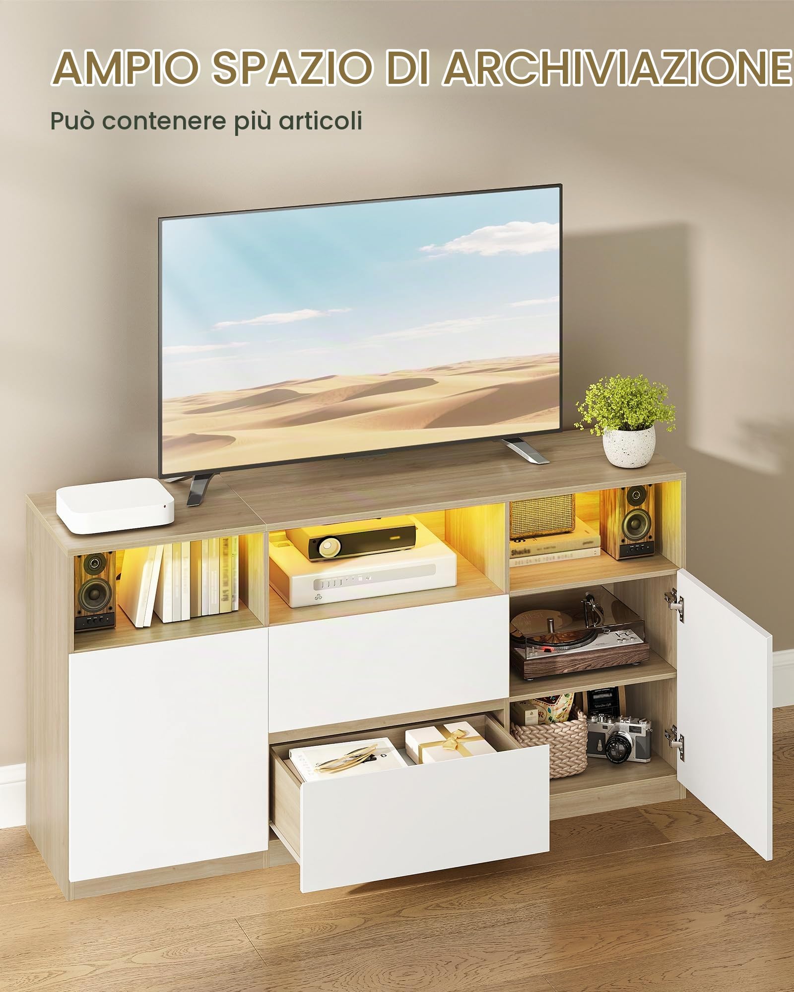 Hzuaneri Mobile TV, Luci LED, 147 x 40 x 76 cm Rovere e Bianco | 3 Scomparti Aperti, Tavolino Porta TV fino a 65 Pollici, con 2 Cassetti, 2 Gabinetto, Soggiorno, Camera da Letto, TV17031XEU