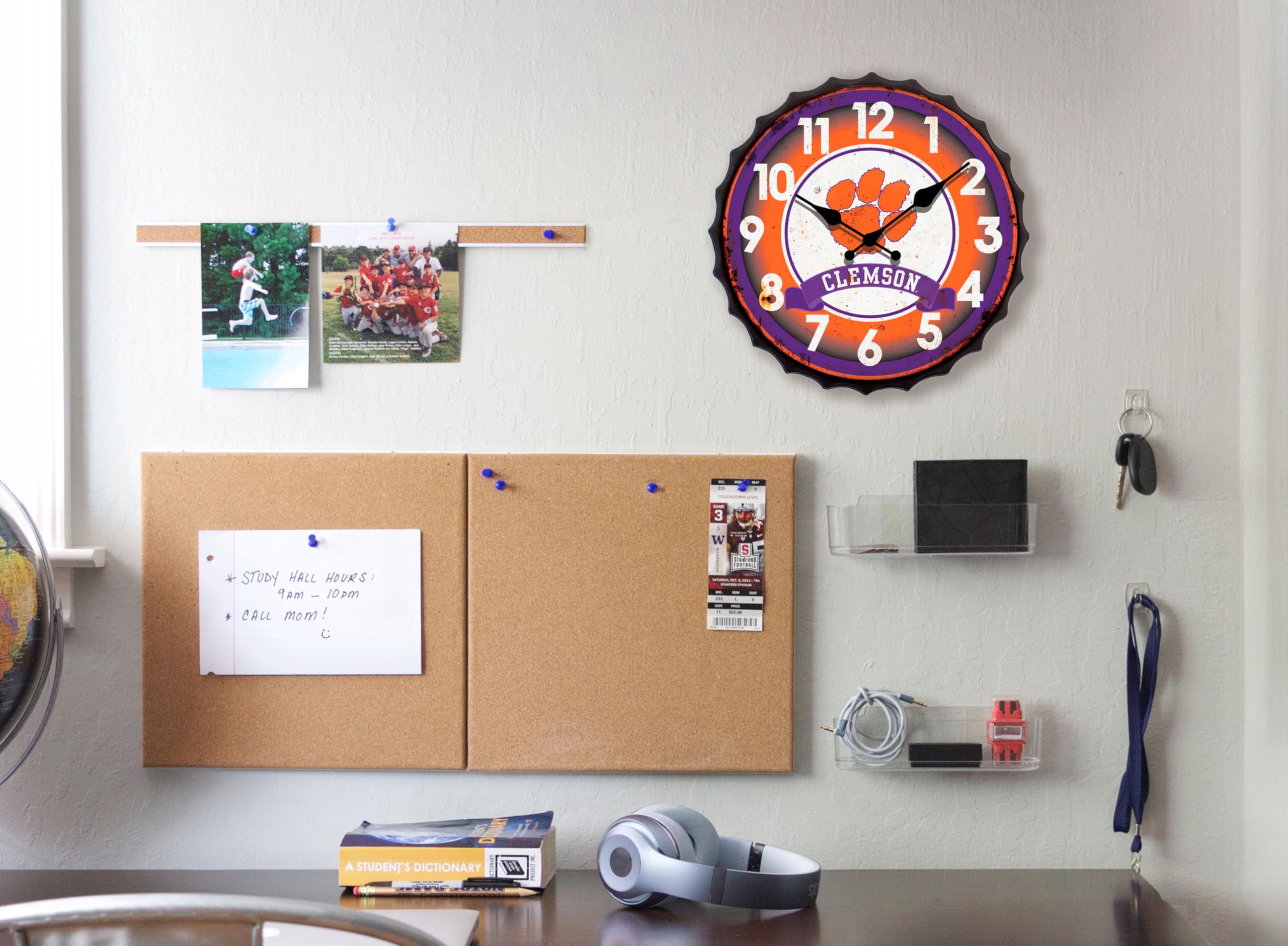 Hanna's Handiworks Clemson University NCAA zegar z zamknięciem do butelek w stylu vintage, metalowa, sztuka ścienna – pokaż swojego szkolnego ducha w męskiej jaskini, akademiku, sypialni, mieszkaniu