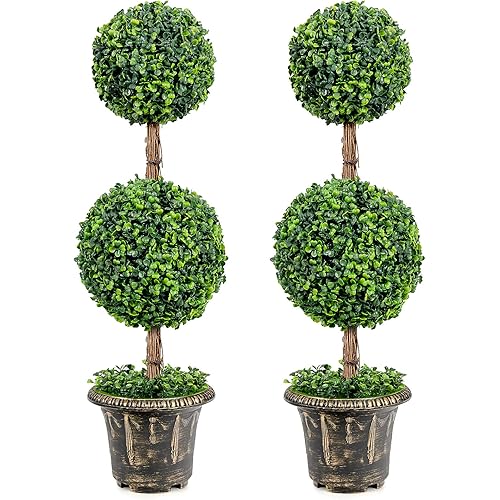 Goplus 3 Ft 2 Pack Artificial Boxwood Topiary Tree, Fake Greenery Plants Ball Tree, Leaves & Cement-Filled Plastic Flower Pot Decorative Trees for Home Office Indoor Outdoor
