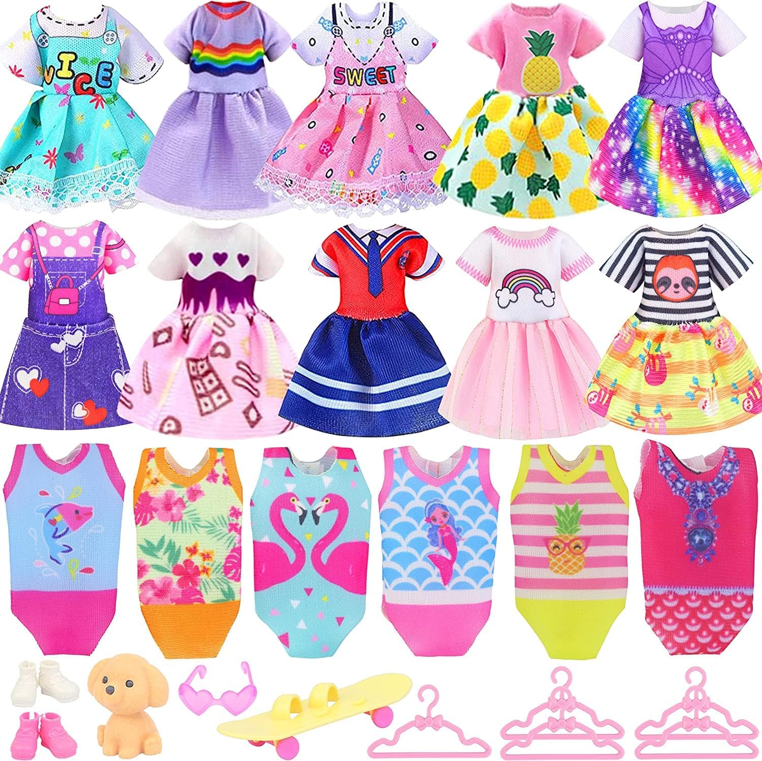 16 PCS Dolls Clothes and Accessories for 5.3 Inch - 6 Inch Dolls, Include 3 Dresses, 3 Swimsuits, 2 Shoes, 5 Outfits Hangers, 1 Skateboard, 1 Glasses and 1 Toy Dog for Girls Kids Gift