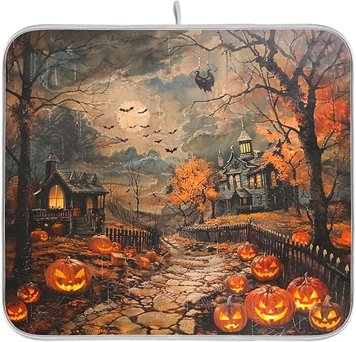 Miniatura 8 de Tapete de secado de platos de calabaza y fantasma, de 16 x 18 pulgadas, para encimera de cocina, diseño de calavera de bruja, morado, reversible,