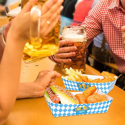 Miniatura 10 de 60 unidades de decoraciones de Oktoberfest, bandejas de comida para el Oktoberfest con 3 patrones, bandejas de papel desechables para aperitivos de