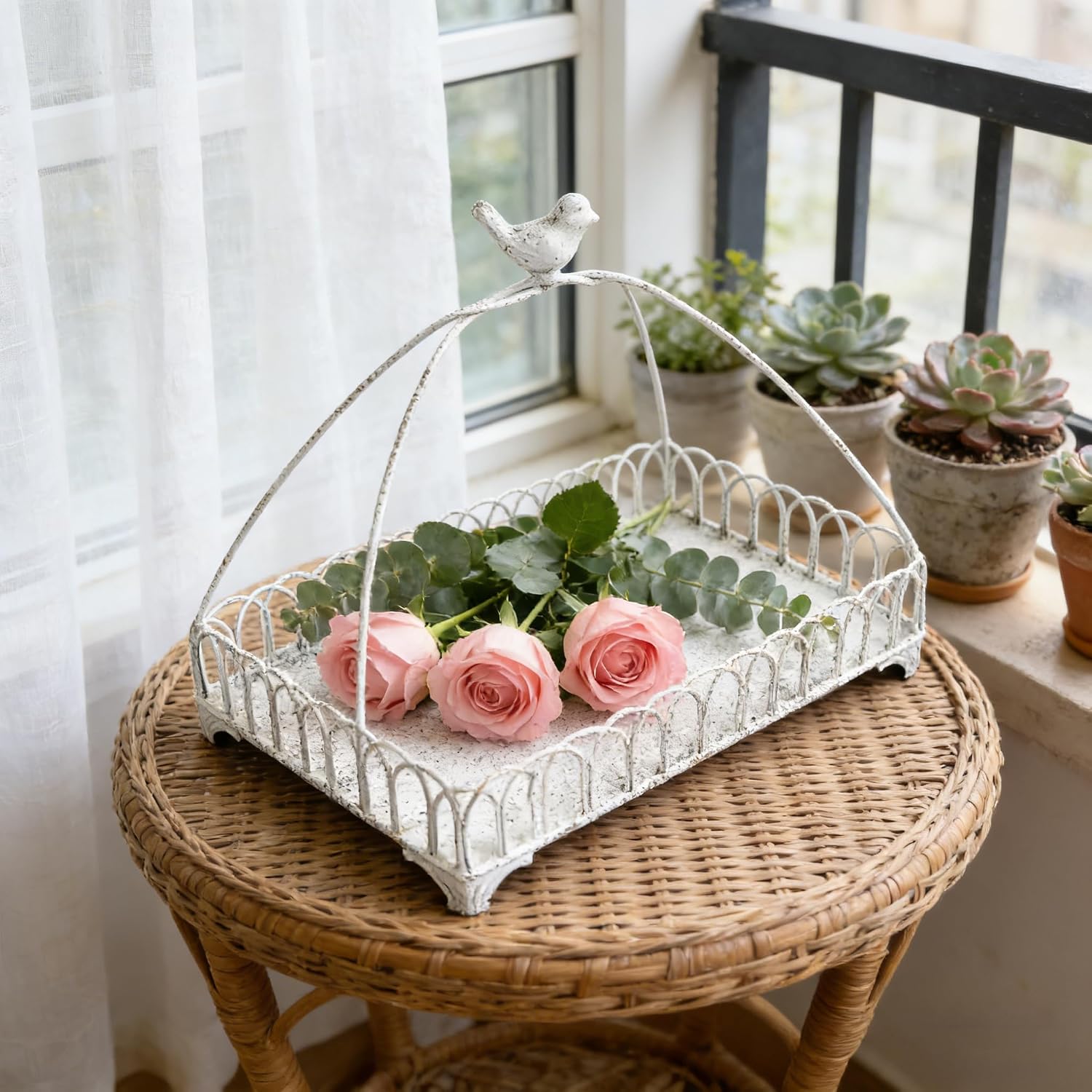 Set of 2 Vintage Metal Trays with Handles Rustic Distressed White Rectangular Storage Trays for Home Table Bathroom Organizer Vanity Tray Living Room & Kitchen Accent Pieces Countertop Decor