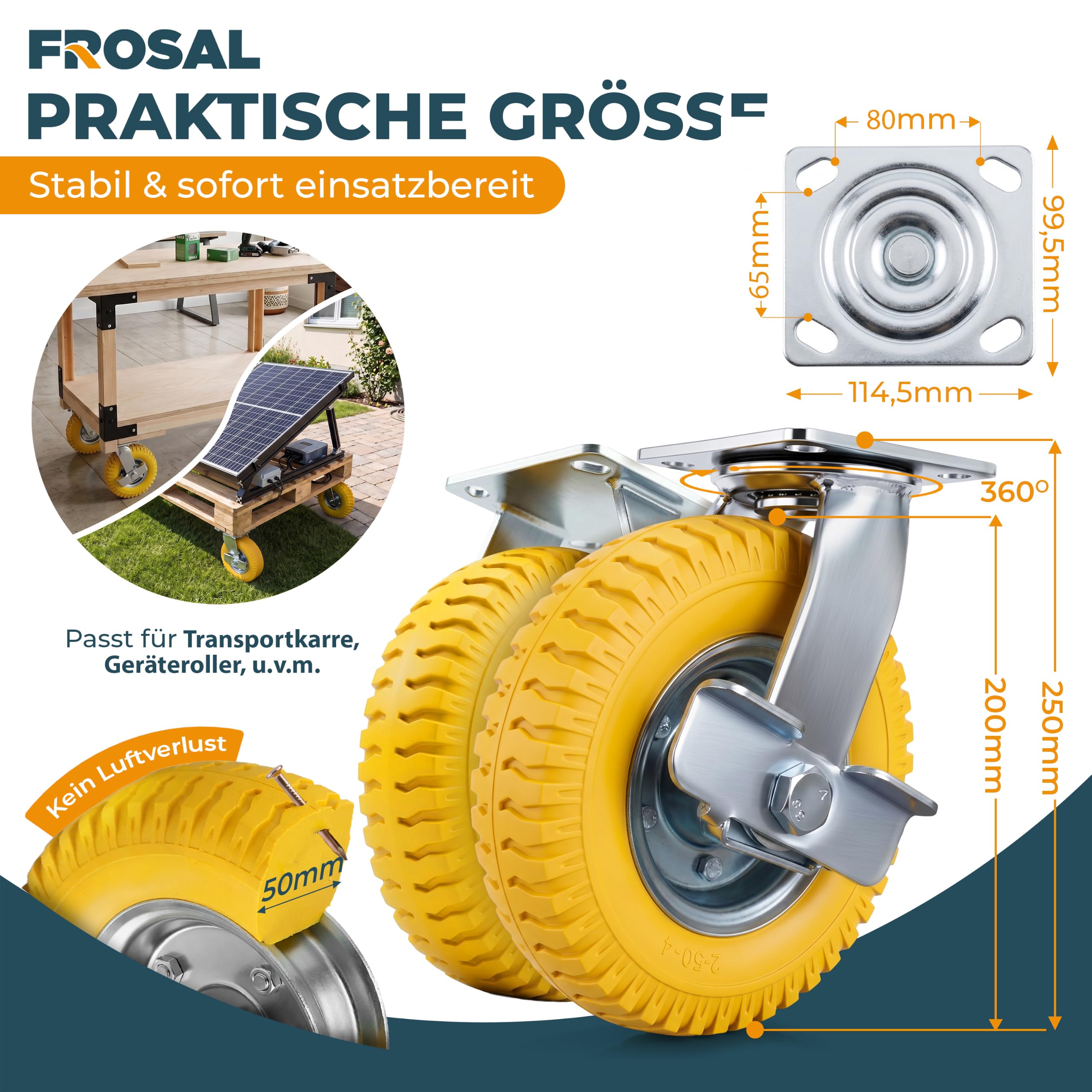 FROSAL Lenkrollen & Bockrollen SET PU 8“ pannensicher Bremse Ø Rad 200 mm Rollen Transportrollen Palettenrollen