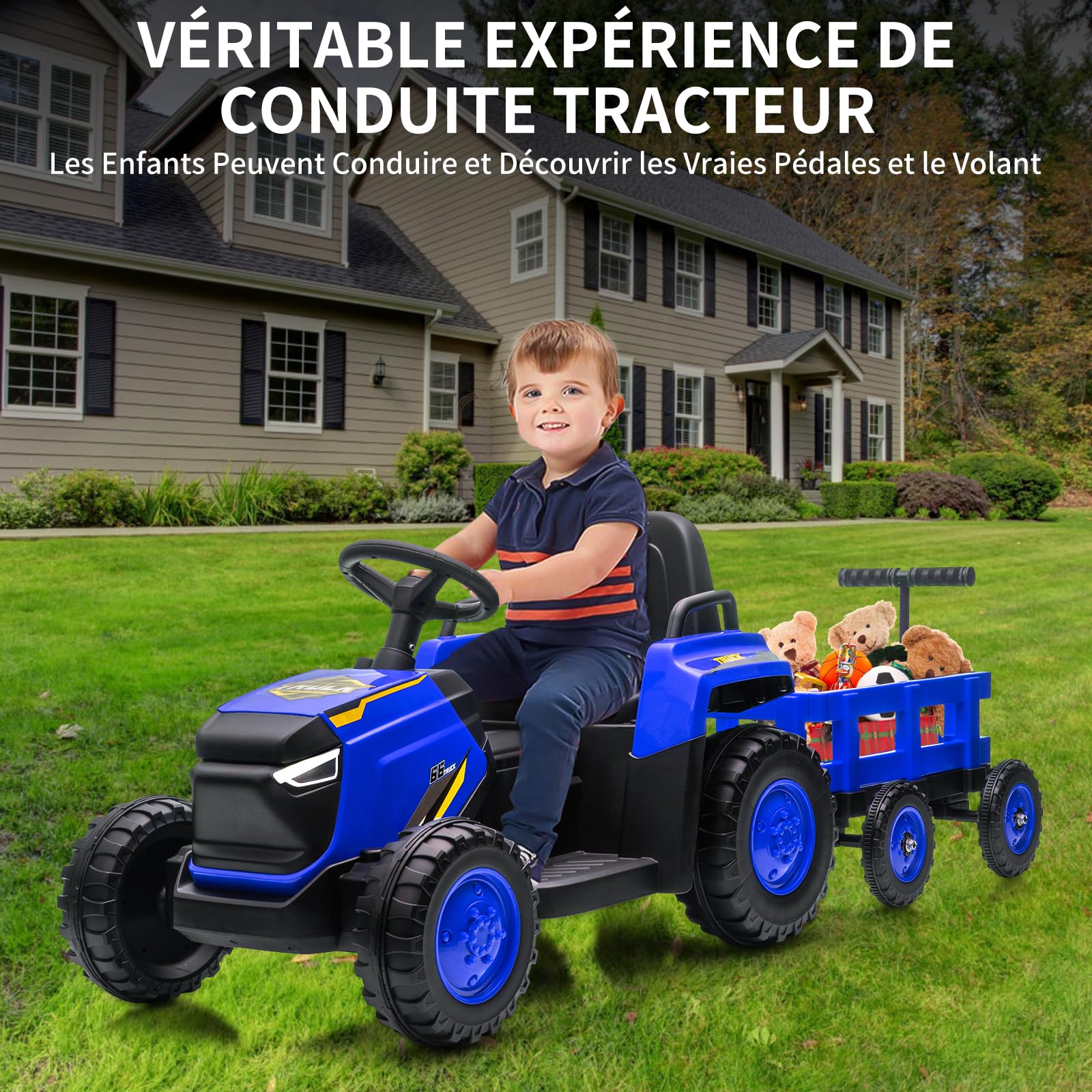 Zstar Tracteur électrique Enfant 12V avec remorque Amovible – Double Moteur, 6 Roues, phares LED, Musique, klaxon, télécommande 2.4G, 3 Vitesses, Ceinture de sécurité, Batterie puissante – Véhicule