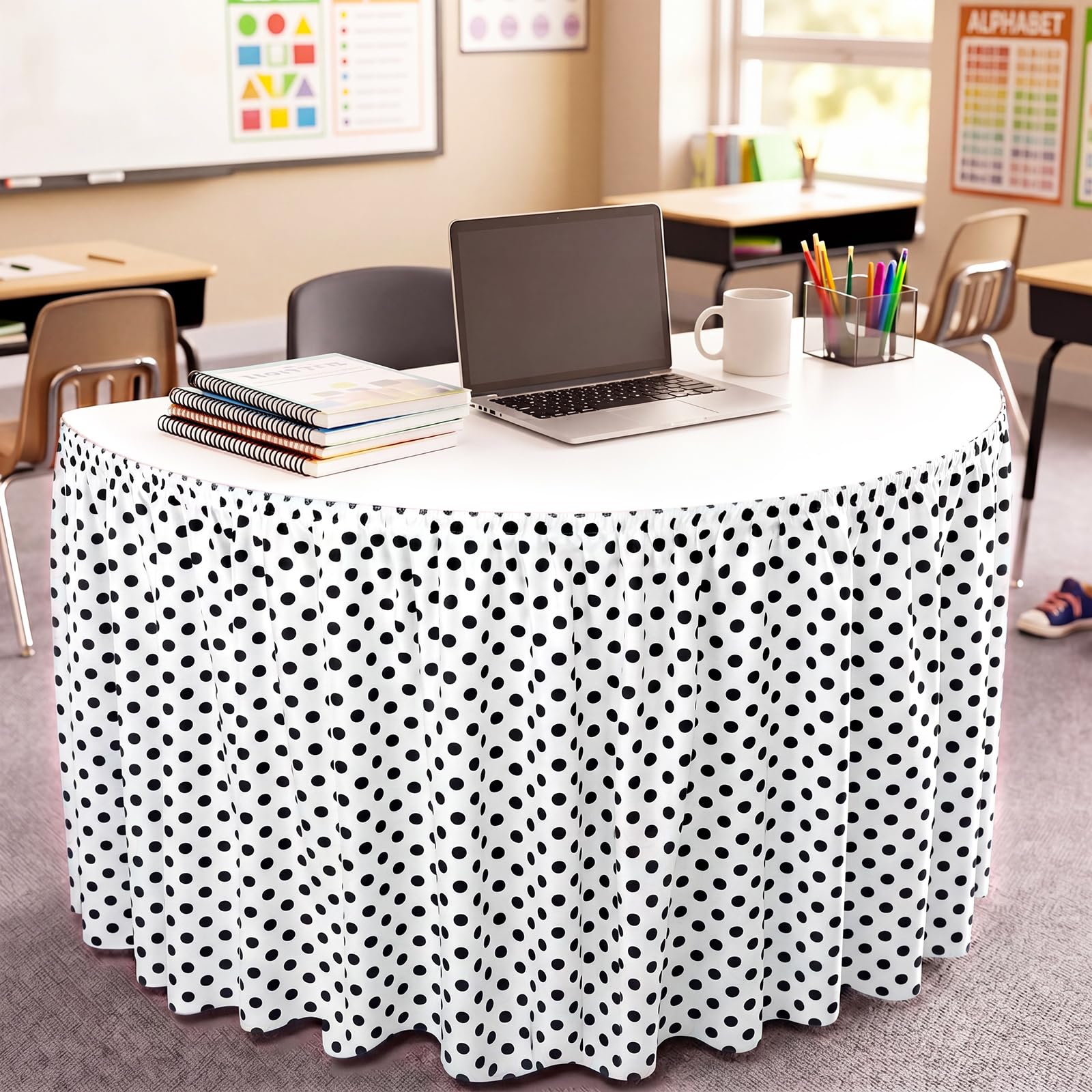 Oudain 14 ft Black and White Polka Dots Table Skirt Cloths for Teacher Desk Boho Wrinkle Polka Dots White Table Cover Skirt for Kindergarten Classroom Kidney Shaped Desk Back to School Supplies