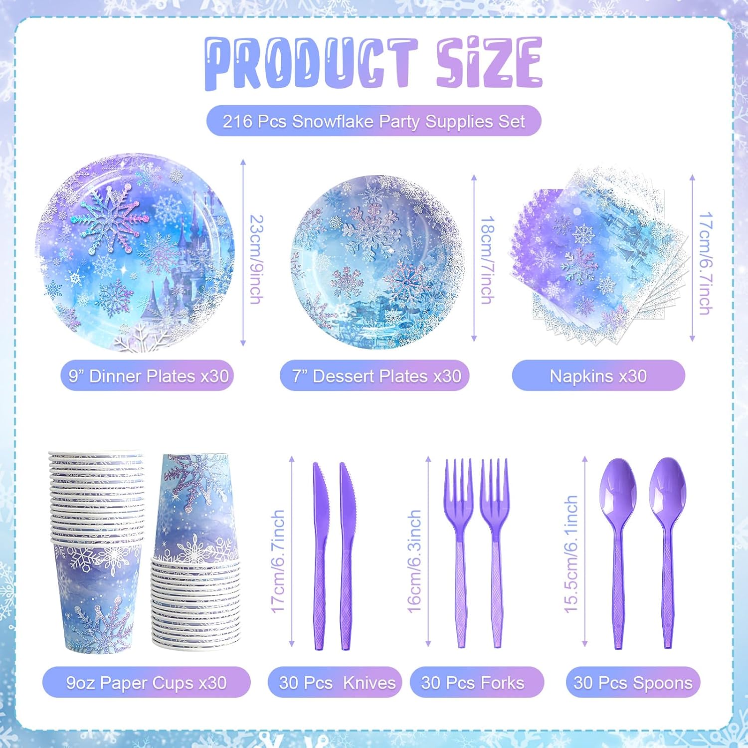 216 Pcs Snowflake Party Decoration Set Birthday Party Supplies Includes Paper Plate Napkin Cup Cutlery Plastic Disposable Tablecloth Glitter Snow Foil Balloon Winter Holiday Serve 30 - Image 2