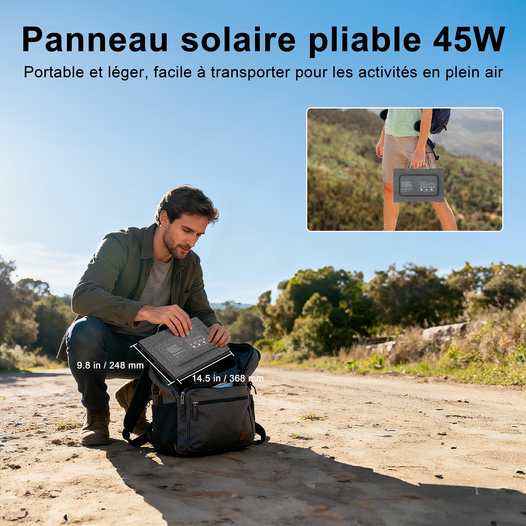 Przenośny panel słoneczny 45 W, ładowarka z USB-C PD 3.0 i USB-A QC 3.0, wodoszczelność IP67, do powerbanków, smartfonów, iPhone'ów, urządzeń z systemem Android, aparatu, na kemping i na