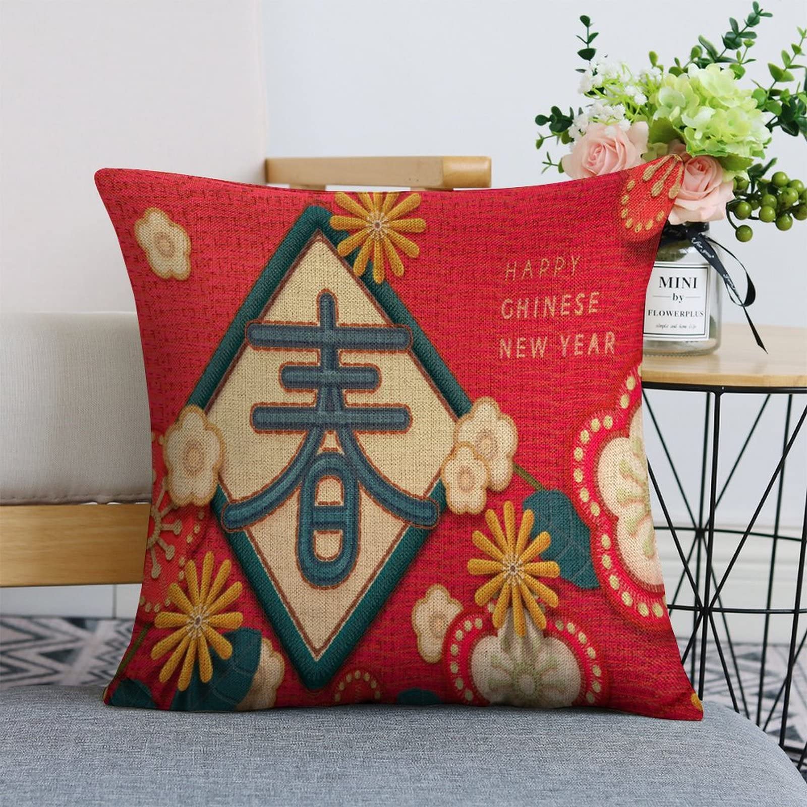 Chinese New Year Throw Pillow Covers 18×18 Pillowcases Set of 1 Embroidery Linen Decorative Square Pillow Case Cushion Covers Standard Size for Sofa Couch Outdoor Bed Pillow Protectors