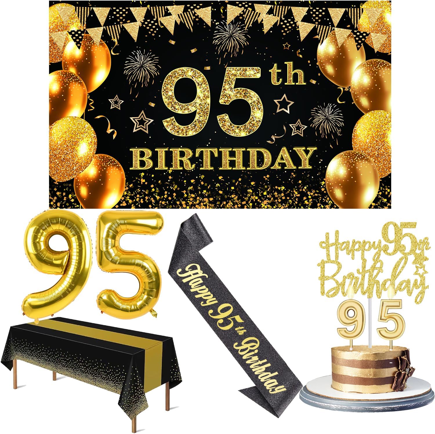 95th Birthday Party Decorations with 95th Birthday Banner, Black and Gold Table Cloth, 95 Number Balloons, 95th Birthday Sash, 95th Birthday Cake Topper and 95th Birthday Candles