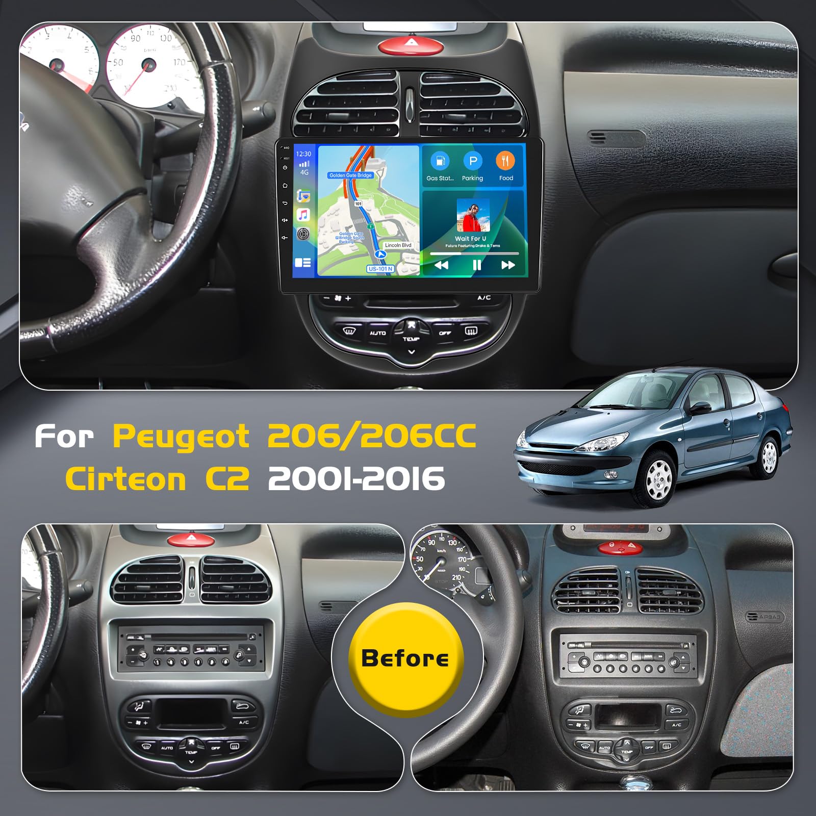 [4G+64G] Radio samochodowe Inefala z Androidem do Peugeota 206/206CC/Cirteona C2 2001-2016, bezprzewodowy CarPlay Android Auto, 9-calowy ekran dotykowy, samochodowe stereo Bluetooth z GPS, WiFi, DSP,
