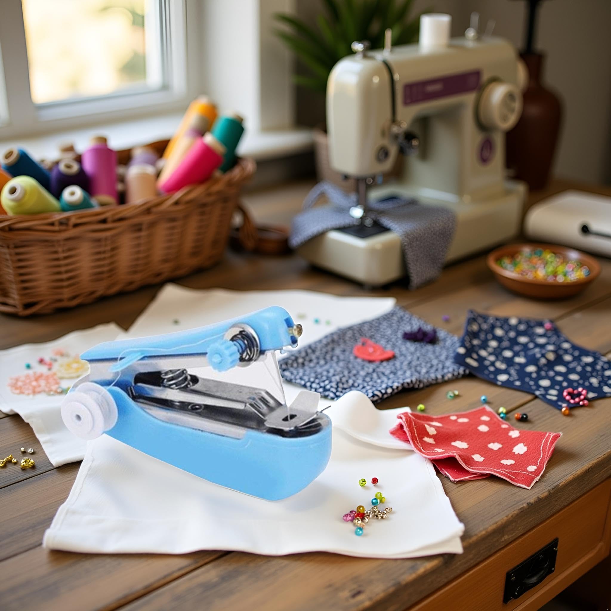 Máquina de coser de mano azul, mini máquinas de coser manuales portátiles Herramienta de costura práctica Mini máquina de alcantarillado Máquina de coser de mano Máquinas de bordar 6