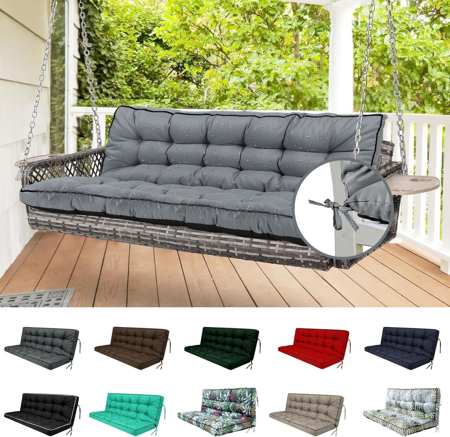 YQNUCO Outdoor Swing Cushions, Waterproof Porch Swing Cushions 3 Seater Replacement with Backrest, 4" Thicken Bench Cushion with Ties for Backyard,
