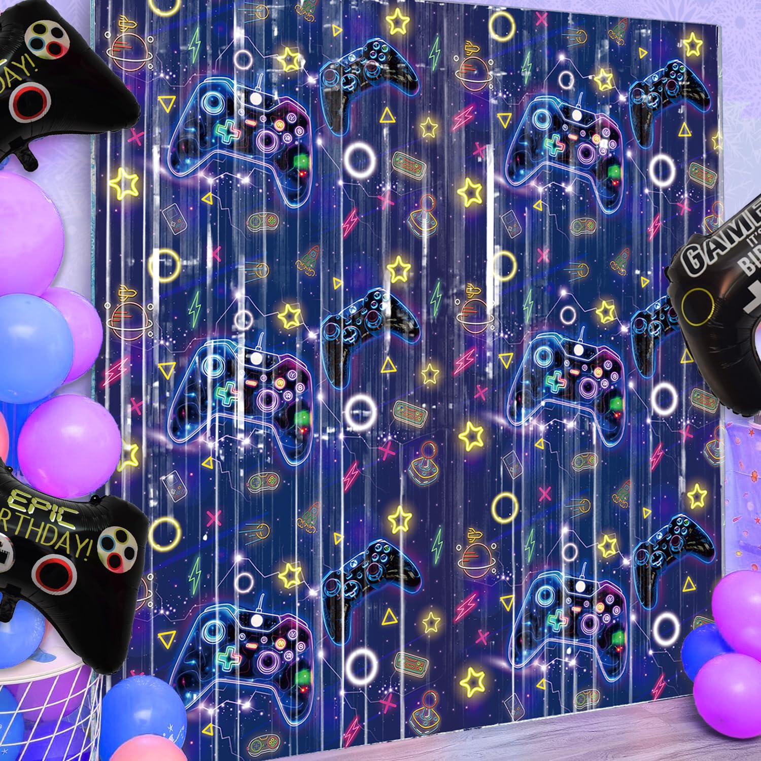 Video Game Birthday Party Supplies Foil Fringe Curtains Photo Booth Prop Party Backdrop Video Game Party Decorations Room Birthday Decorations