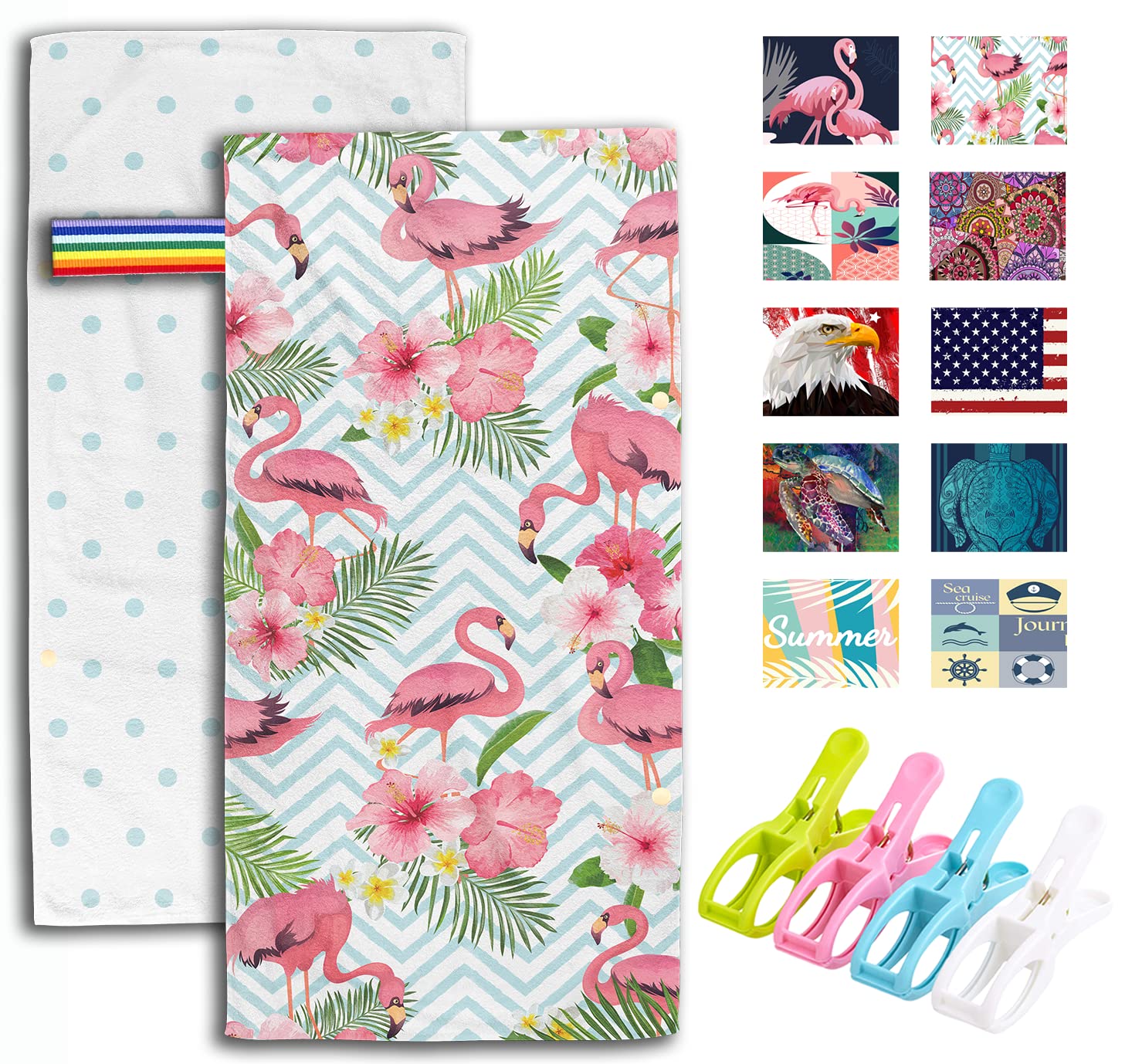 Oversized Sand-Free Beach Towel – Flamingo Quick-Dry Microfiber Towel 30x70” With Clips