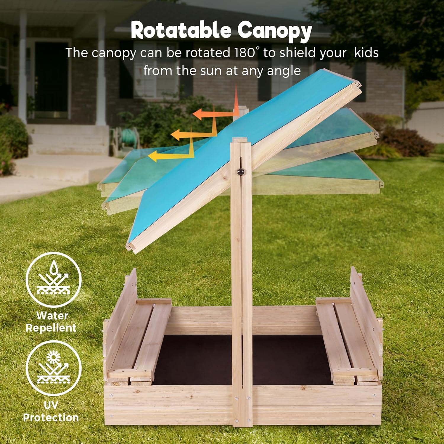 Sandbox with Lid and Cover, Wooden Cabana Sand Box with Canopy for Kids Ages 4-8, Retractable & Rotatable Roof, UV-Resistant Sandbox w/2 Foldable Bench Seats for Backyard, Patio, Outdoor Play