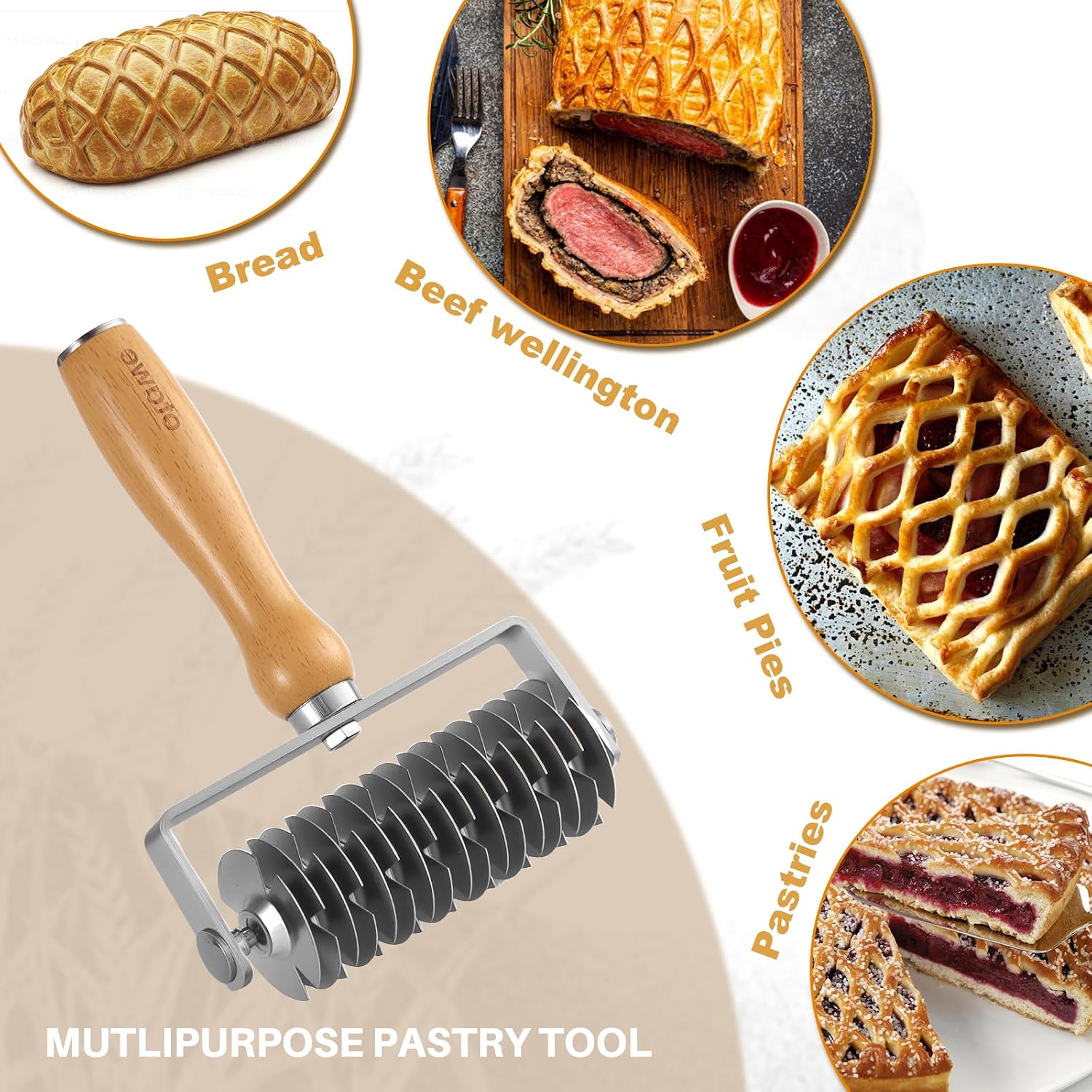 Lattice Pastry Cutter – Stainless Steel Roller Cutter with Wooden Handle for Pie, Beef Wellington, Pastry & Bread – Easy Lattice Pattern – Otawe