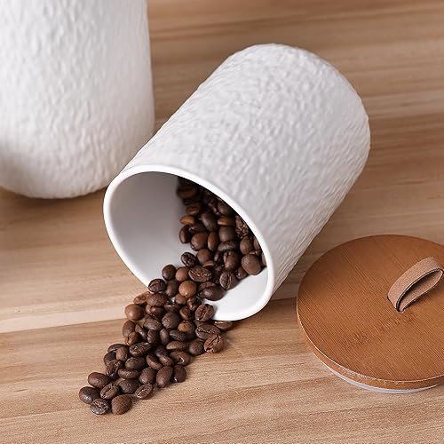 Miniatura 8 de JOJUNO Juego de recipientes de cerámica blanca con tapa de madera, tarros herméticos de almacenamiento de alimentos de 3 piezas para encimera de