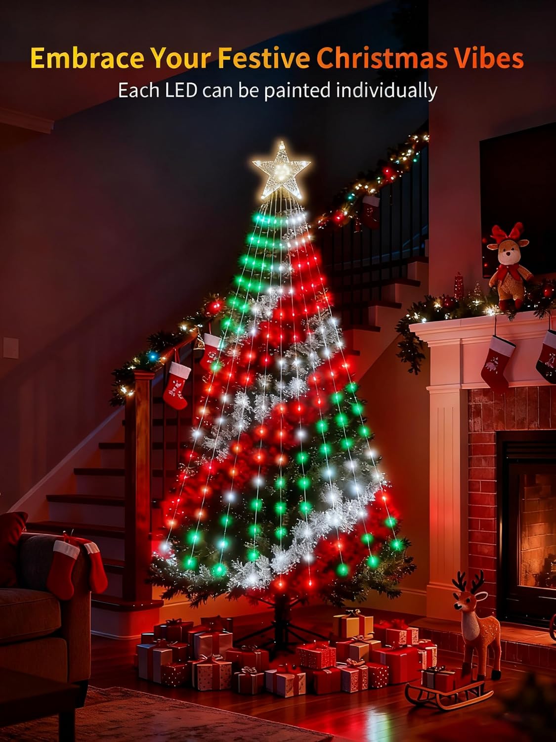 Smart Christmas Tree Lights, DIY LED Color Changing Light Show, 6FT 200+ Scene String Waterfall Xmas Tree Lights with Ring & Topper Star, App/Remote Control, Music Sync,Timer for Holiday Decor