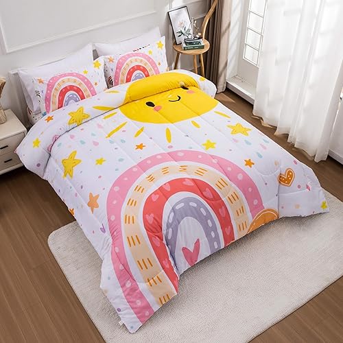 Miniatura 10 de Btargot Juego de edredón de 3 piezas para niños con 2 fundas de almohada, corazones de amor de dibujos animados, soles y estrellas, juego de ropa de