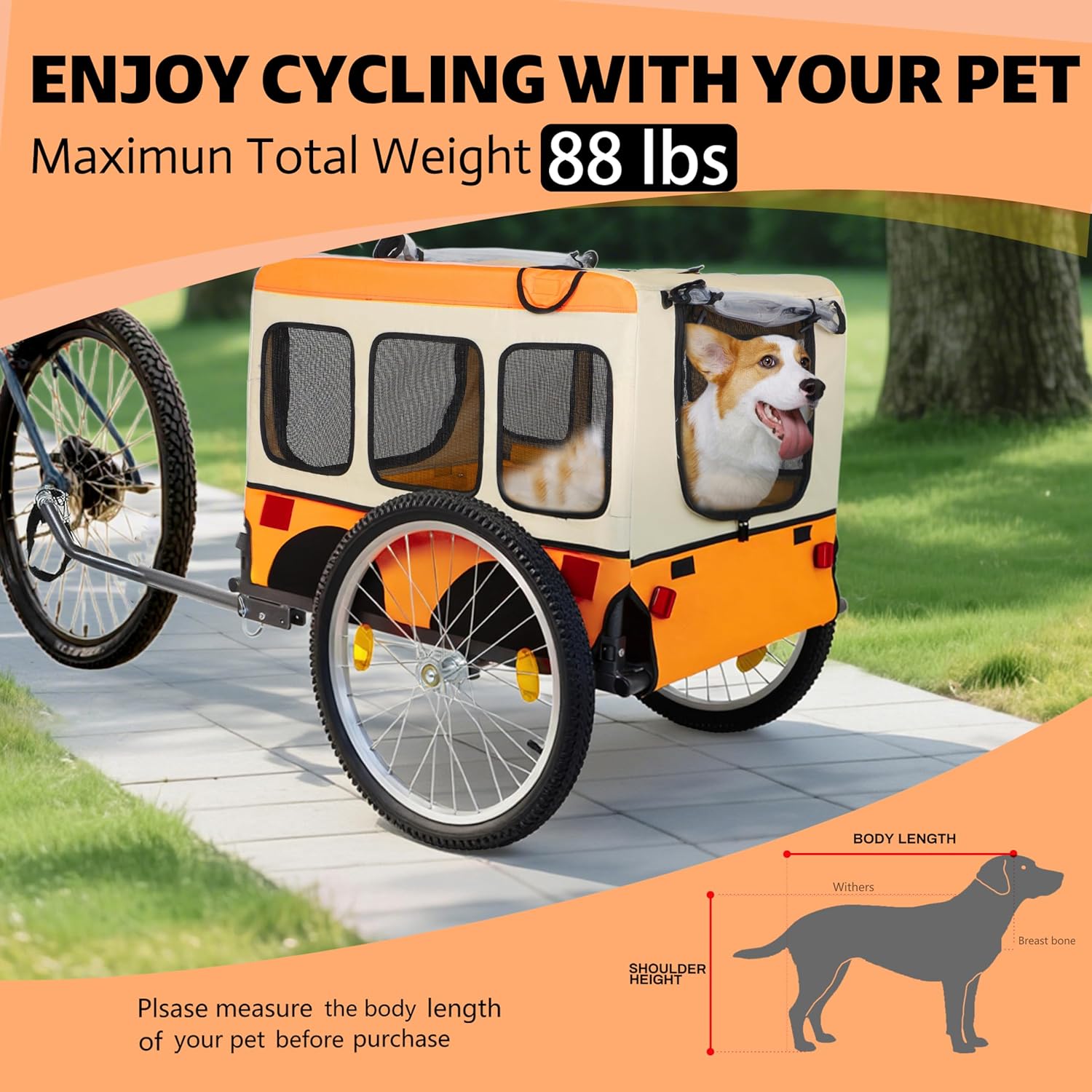 Large Folding Bike Trailer for Dogs - 20×2 1/8 Inches Wheels, Heavy-Duty Steel Frame, Spacious Design, All-Terrain Cycling, Jogging & Camping Adventure