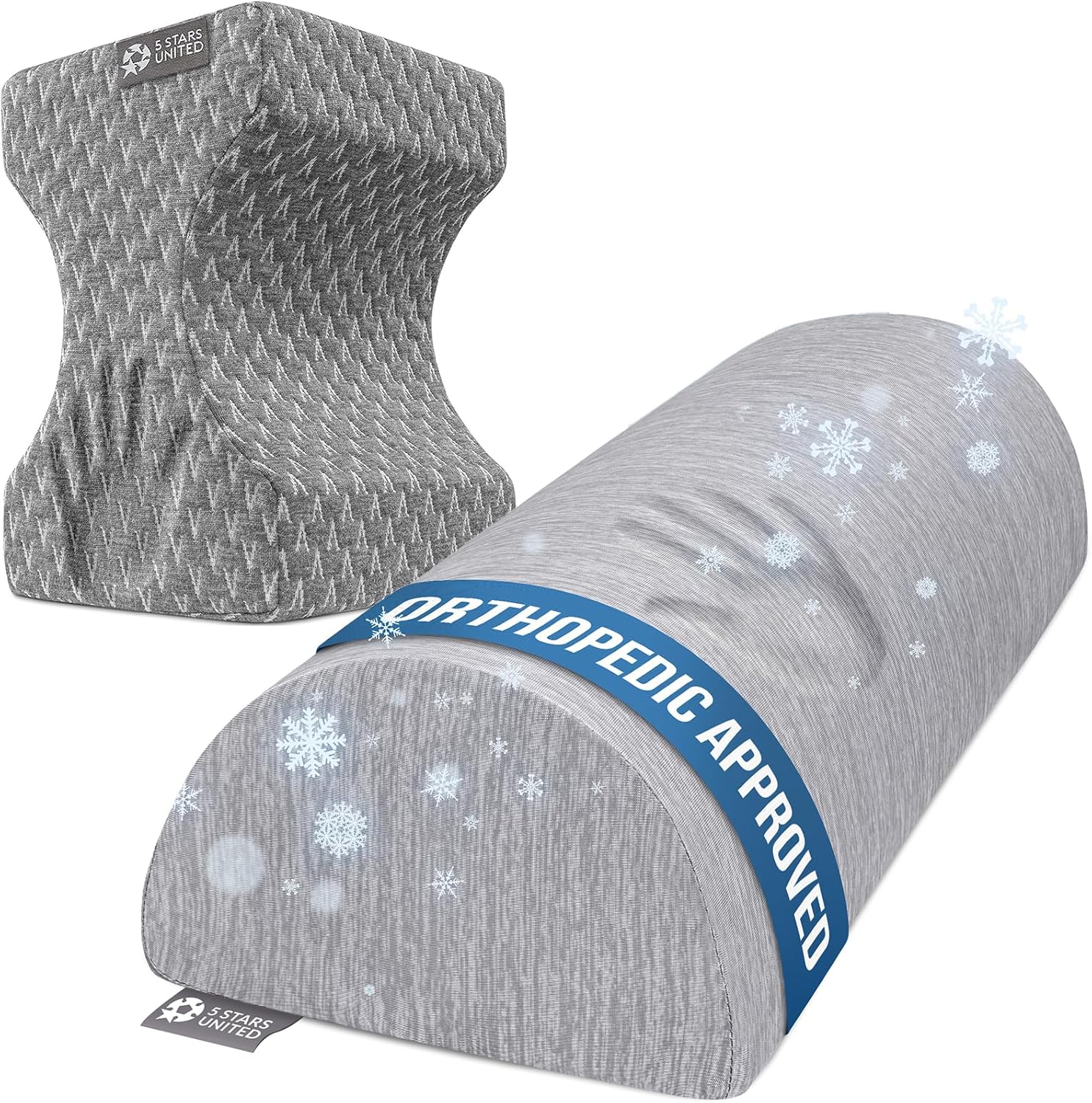 5 STARS UNITED Half Moon Bolster Semi-Roll Pillow, Cooling Cover and Knee Pillow for Side Sleepers - Bundle, 100% Memory Foam
