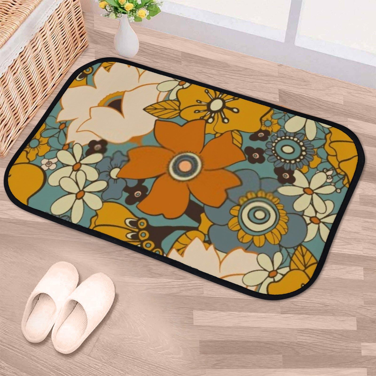 QAZPL Nuansexi Bathroom Rugs Bright Flowers The 70s Style Yellow Floor Mats Non Slip Bathmat Doormat Tub Mat Coral Velvet Absorbent Entrance Carpet Mats Machine Washable Bedroom Decor