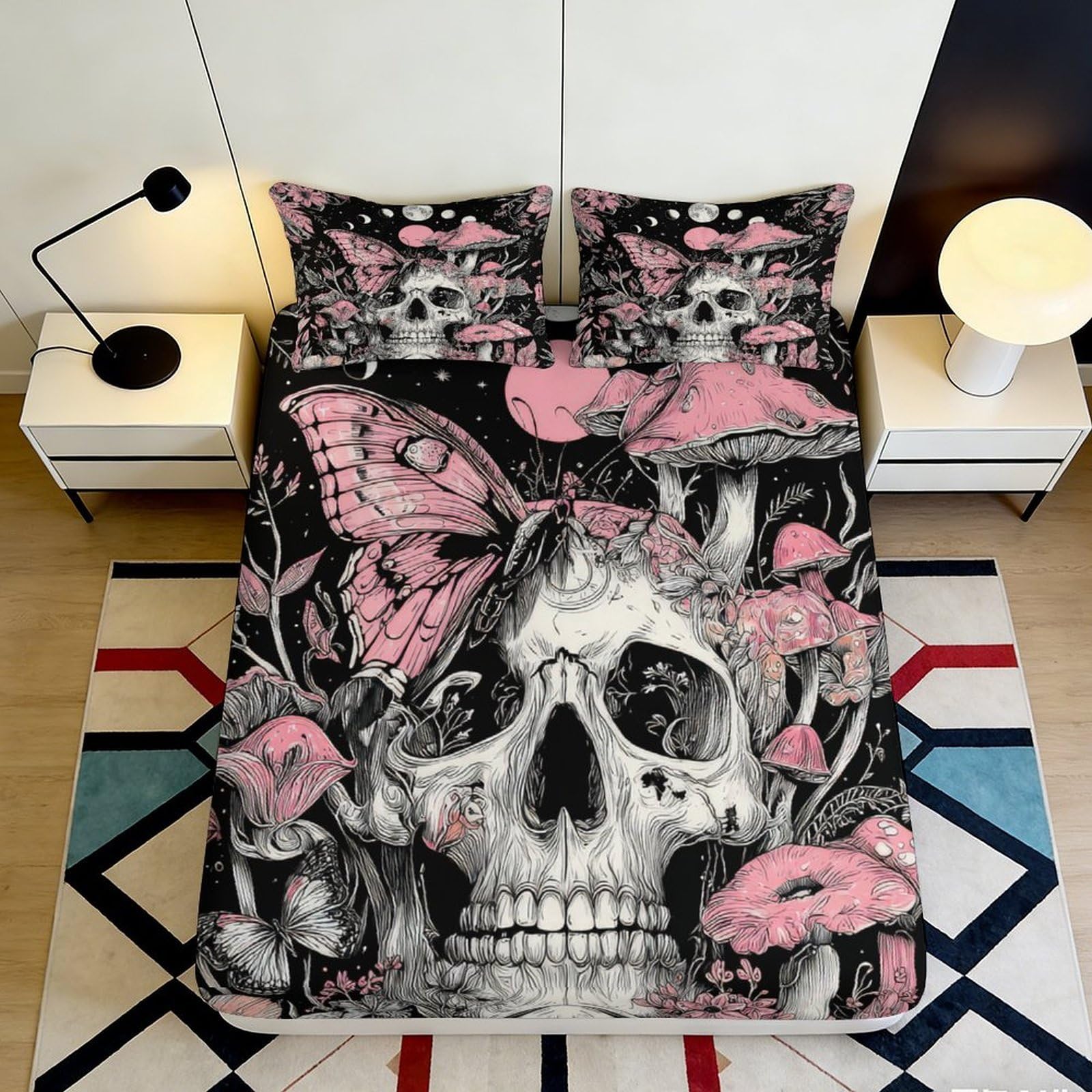 3D Printed Gothic Skull Butterfly Fitted Sheet Microfiber Soft Durable Pink Mushroom Bed Cover for Bedroom Dormitory Guest Room Mattress Protection 200x200x25cm