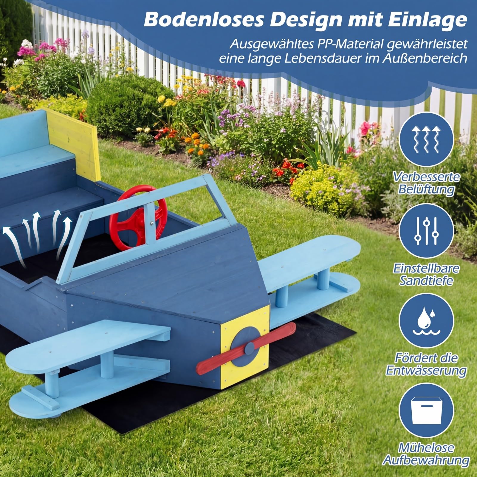 COSTWAY Sandkasten Kinder, Sandkiste Holz mit drehbarem Steuerrad, Buntem Propeller, seitlichen Flügeln & Sitzbank, blastbar bis 50 kg, Sandbox Outdoor für Kinder ab 18 Monaten