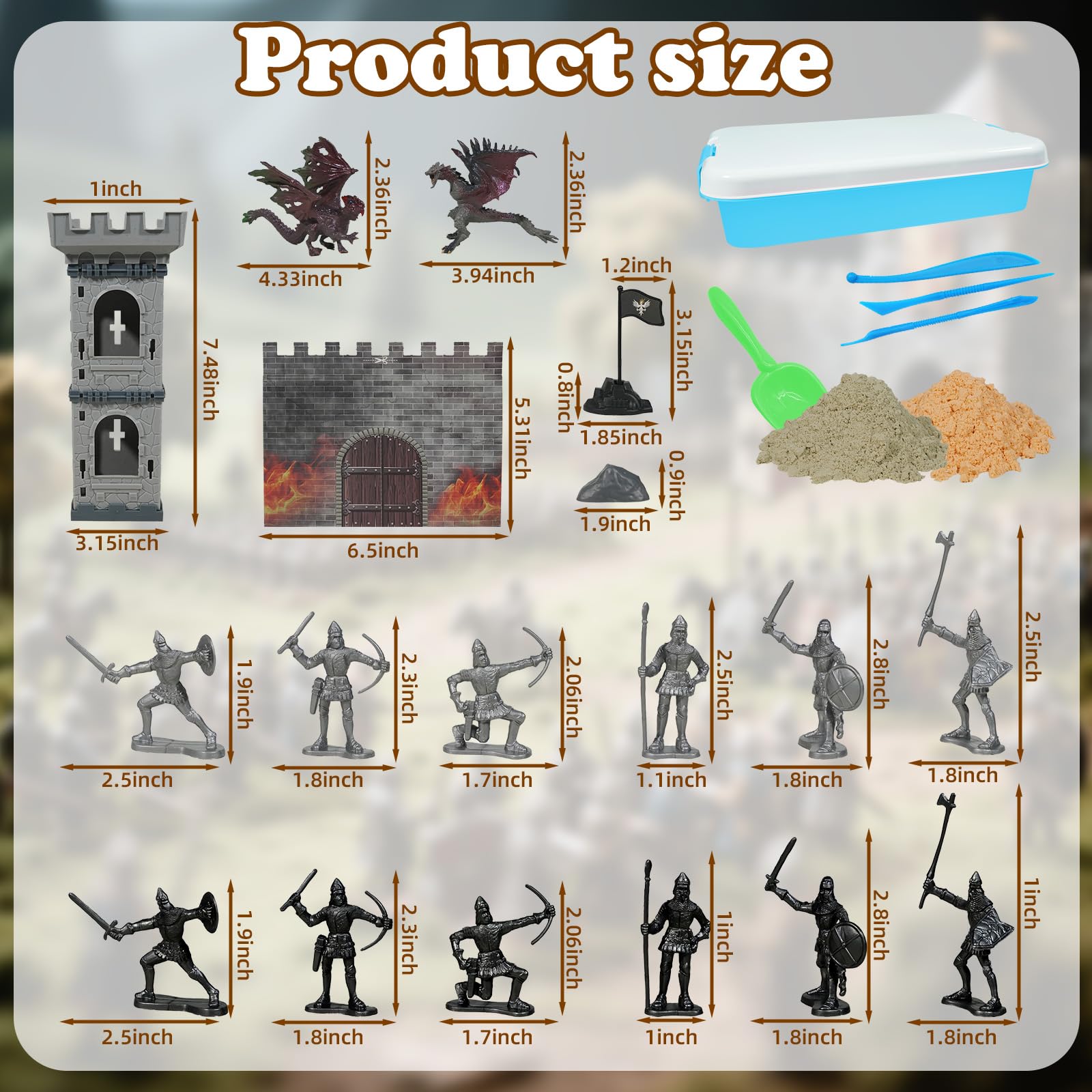 Hiawbon Medieval Castle Knight Dragon Sensory Bin, Dragon Sandbox Sand Kit Set with 2.2lb Sensory Sand, Medieval Knight Castle Model Assembly Sand Art kit for Birthday Party Gift